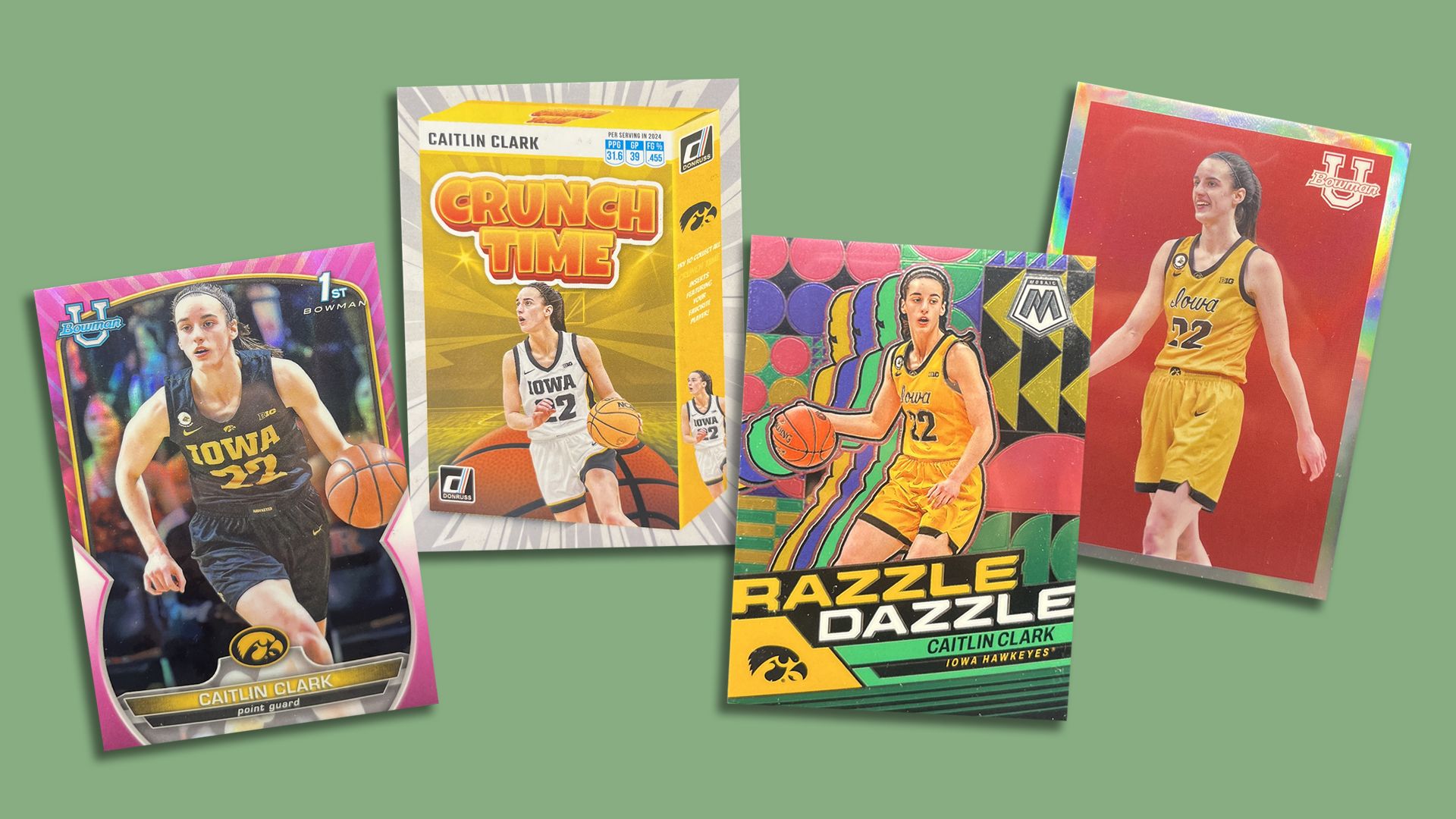 Four Caitlin Clark basketball cards from her time at Iowa on a green background 