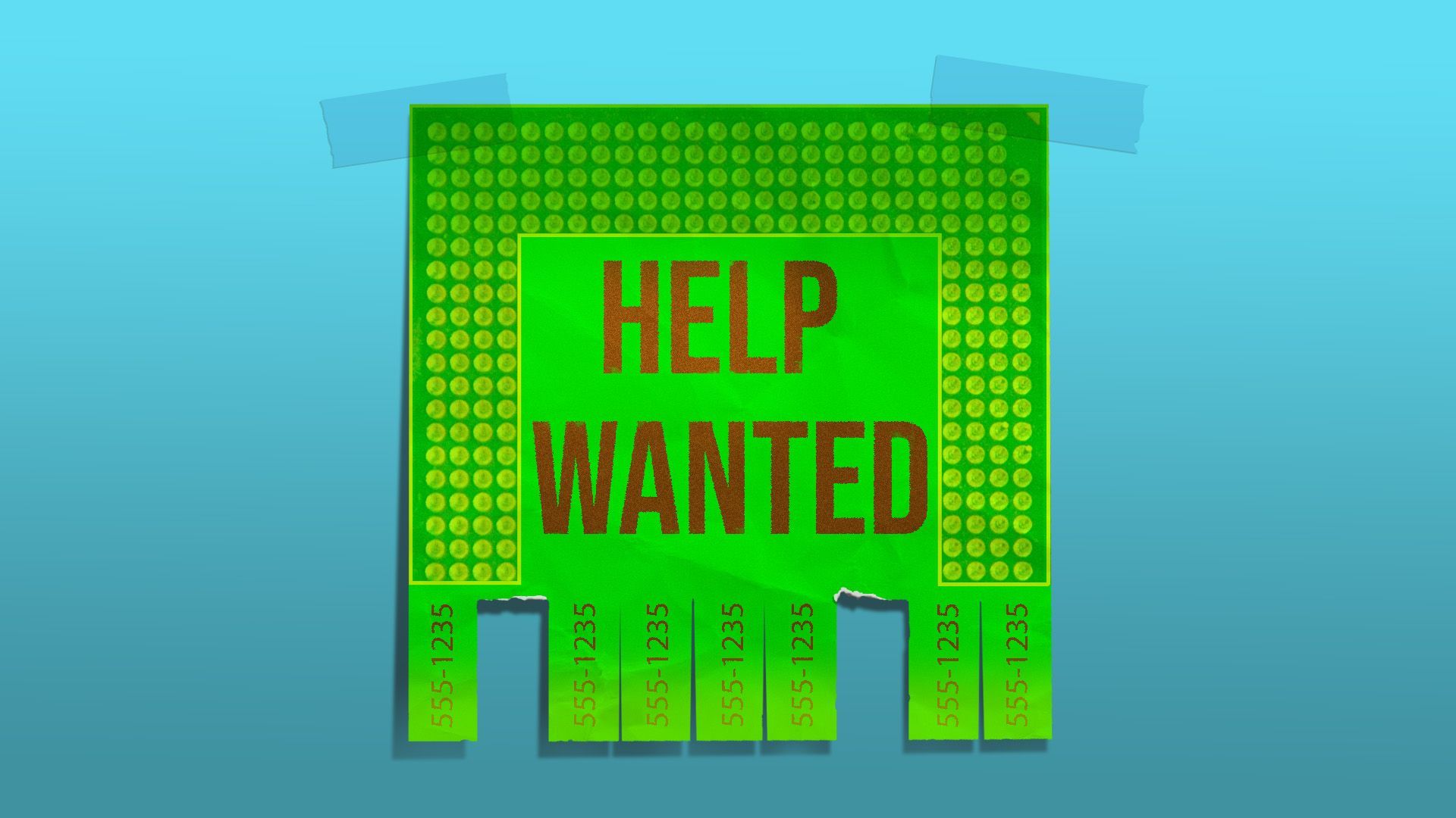 Illustration of a help wanted sign in the shape of a computer chip