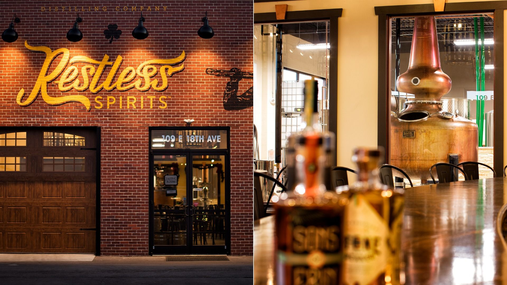 Split image of a distillery: left shows a brick storefront with a large yellow "Restless Spirits" sign; right reveals a copper pot still inside, seen through a window with bottles on a wooden bar.