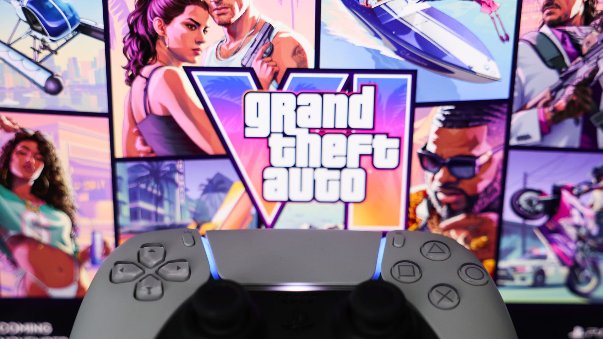 GTA VI website displayed on a screen and PlayStation DualSense controller are seen in this illustration photo
