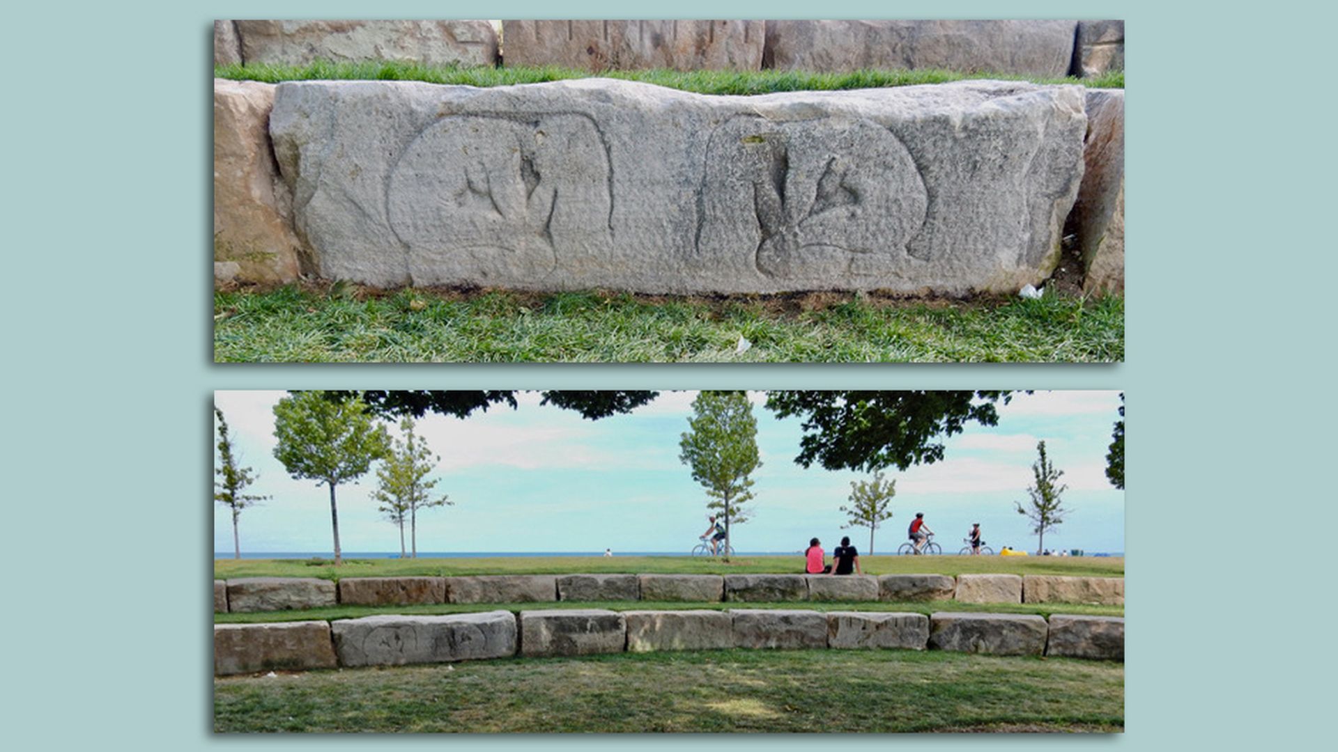 Stone carvings on blocks.