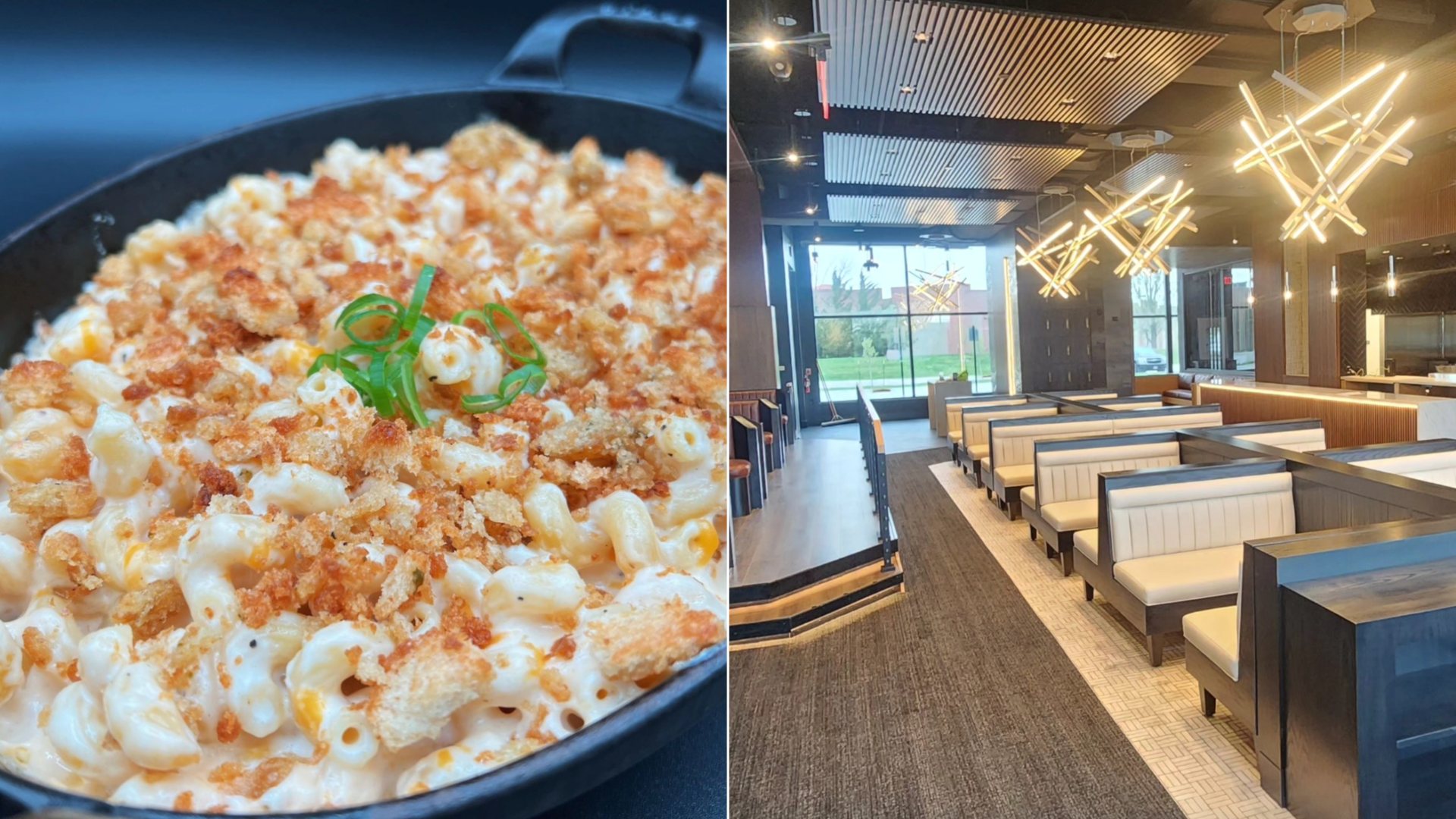 Combination images of lobster mac and cheese and Prime & Providence's dining area.