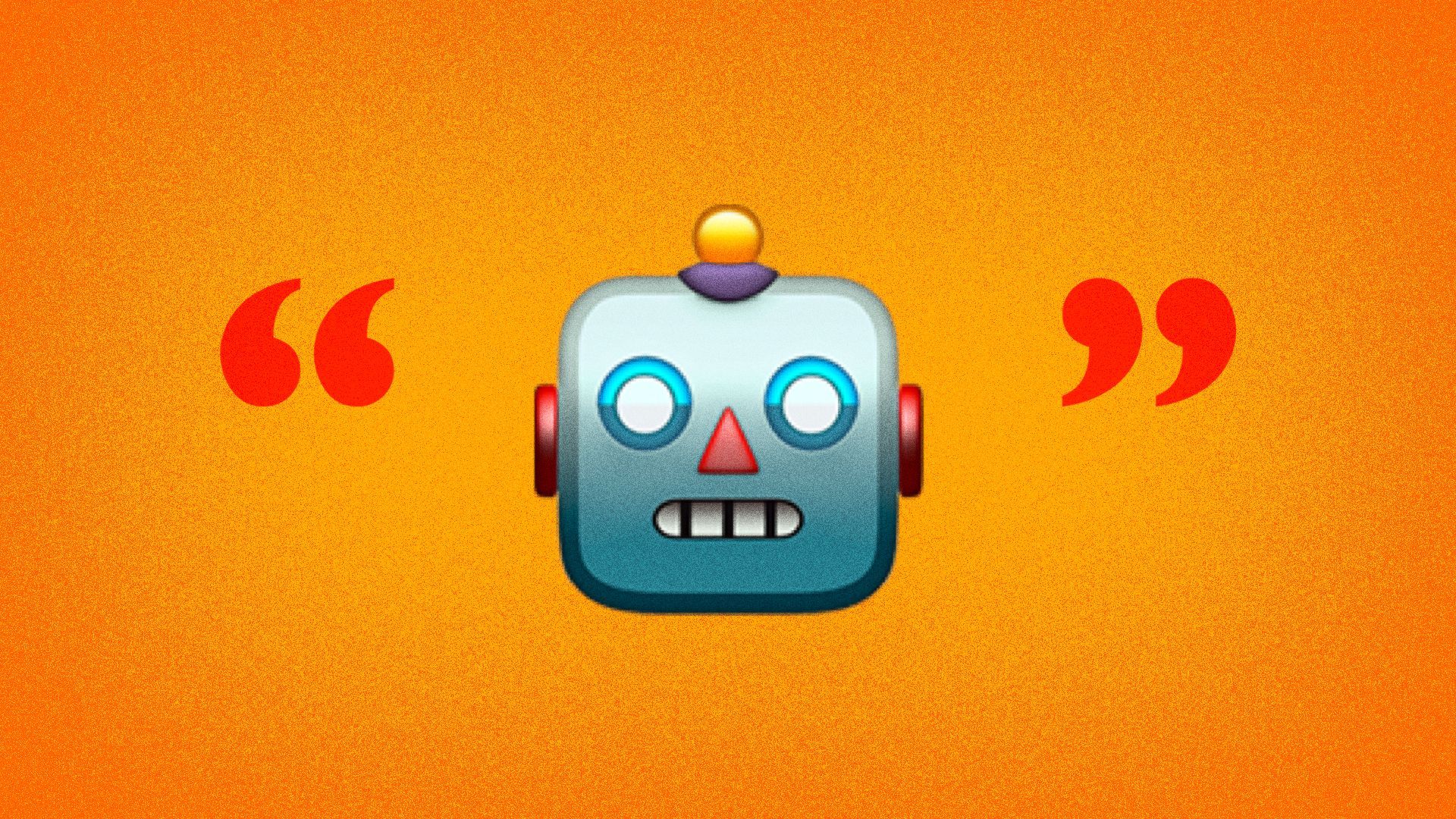 Illustration of a robot emoji inside quotation marks. 