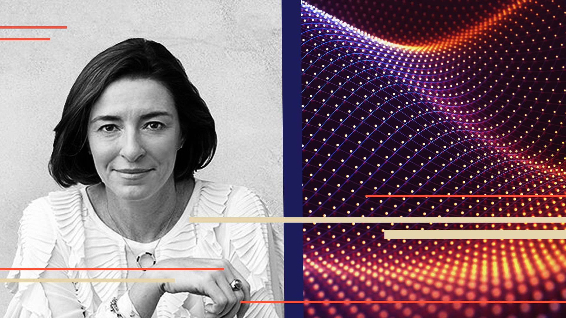 Photo illustration of Una Pulizzi surrounded by abstract shapes. 