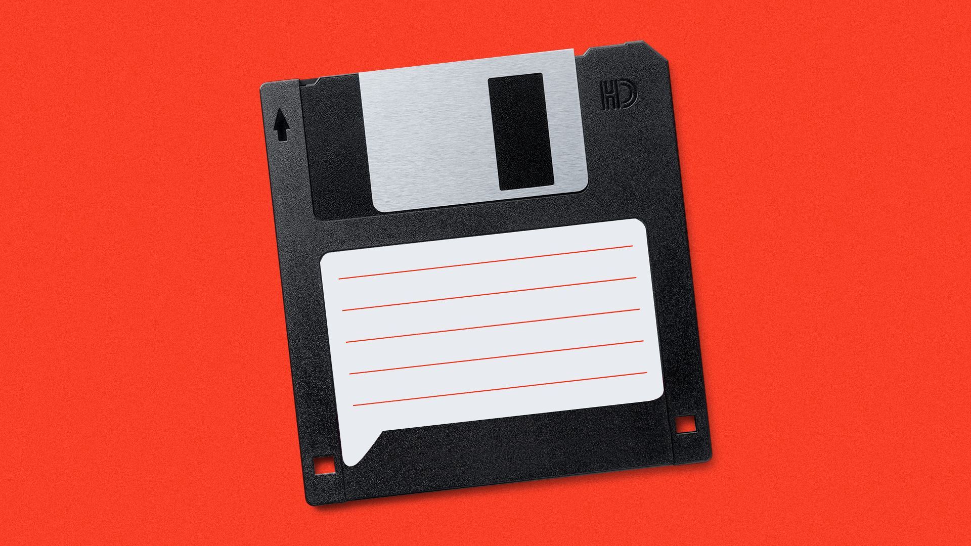 Illustration of a floppy disk with the label in the shape of a speech bubble. 