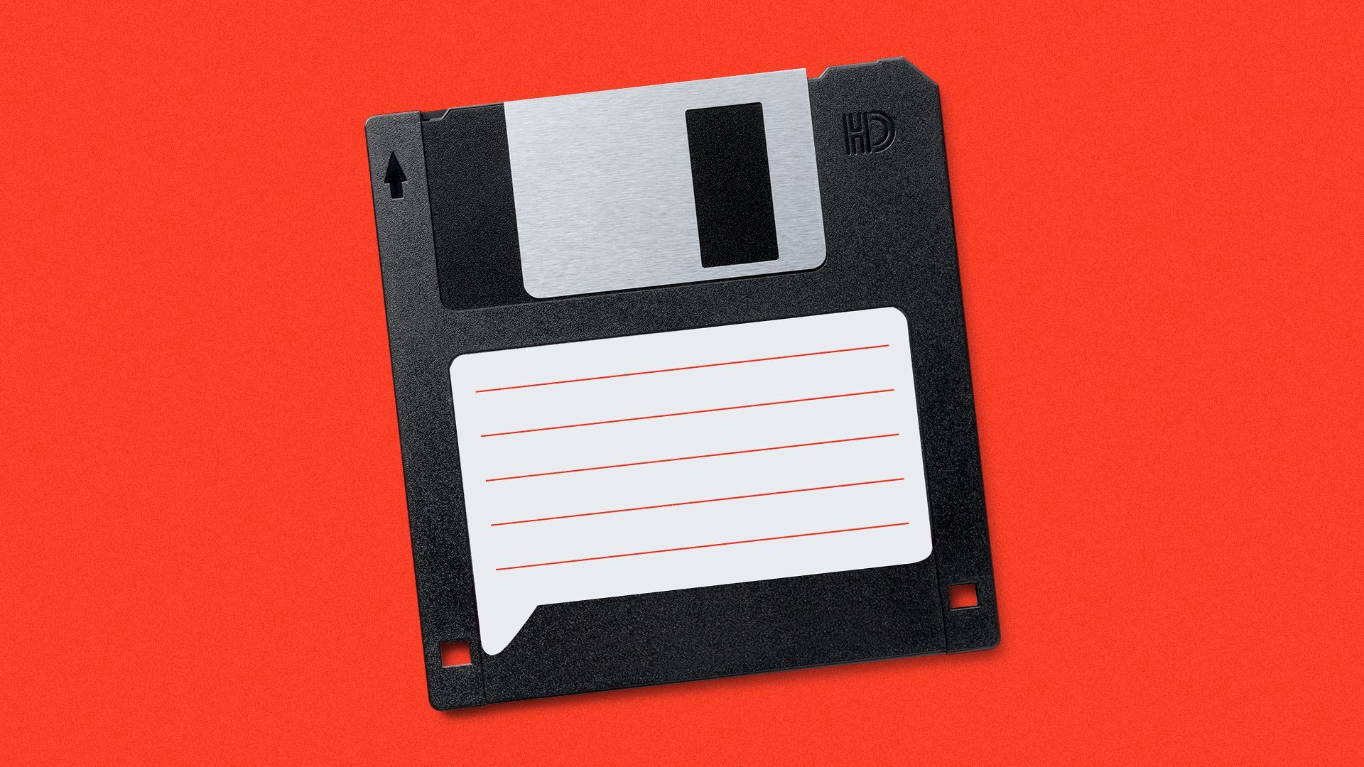 Illustration of a floppy disk with the label in the shape of a speech bubble.