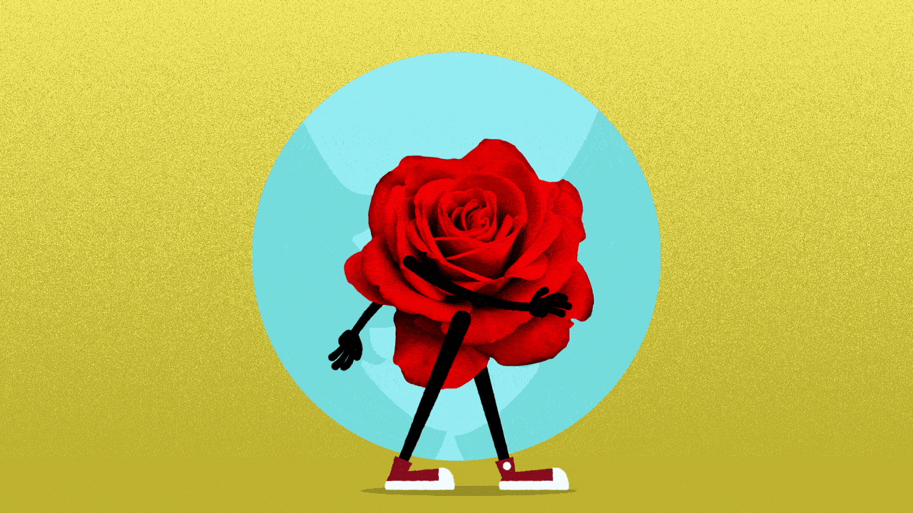 Animated illustration of a rose with arms and legs walking in front of a fir tree scene.