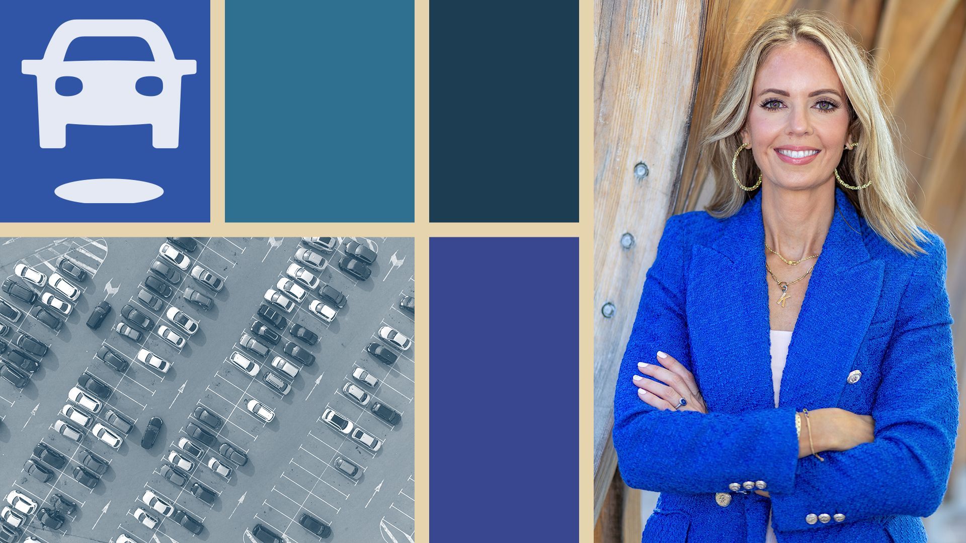 Photo illustration of Karen Bartuch, SpotHero's logo, an aerial view of a parking lot and geometric shapes.