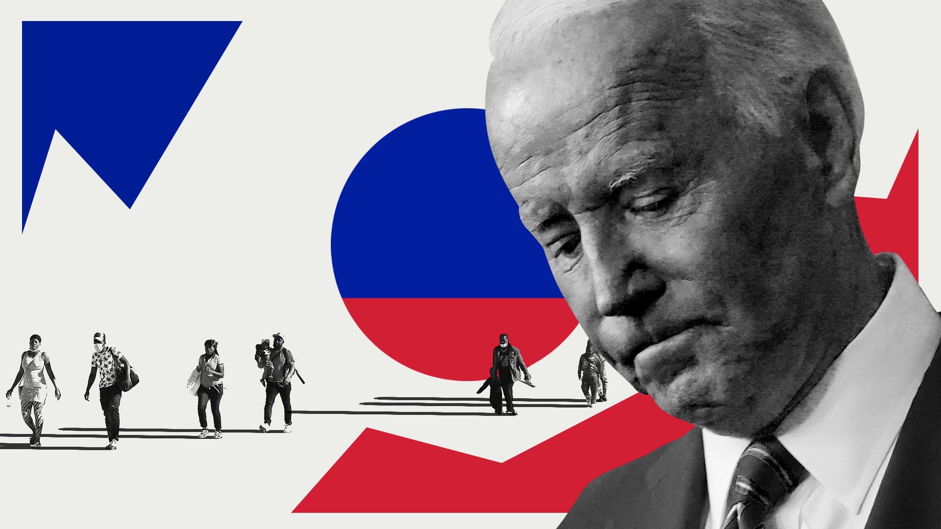 Photo illustration collage of Biden looking downcast next to Haitian migrants.  