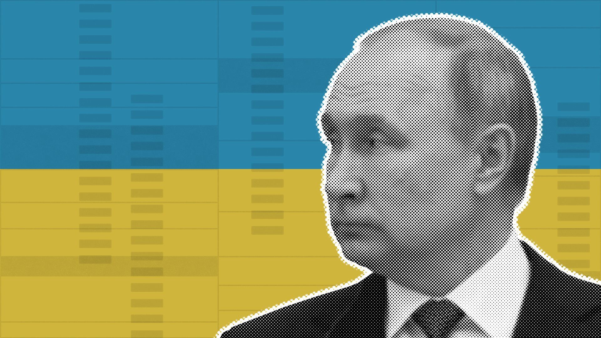 Photo illustration of Vladimir Putin against Ukraine's flag.