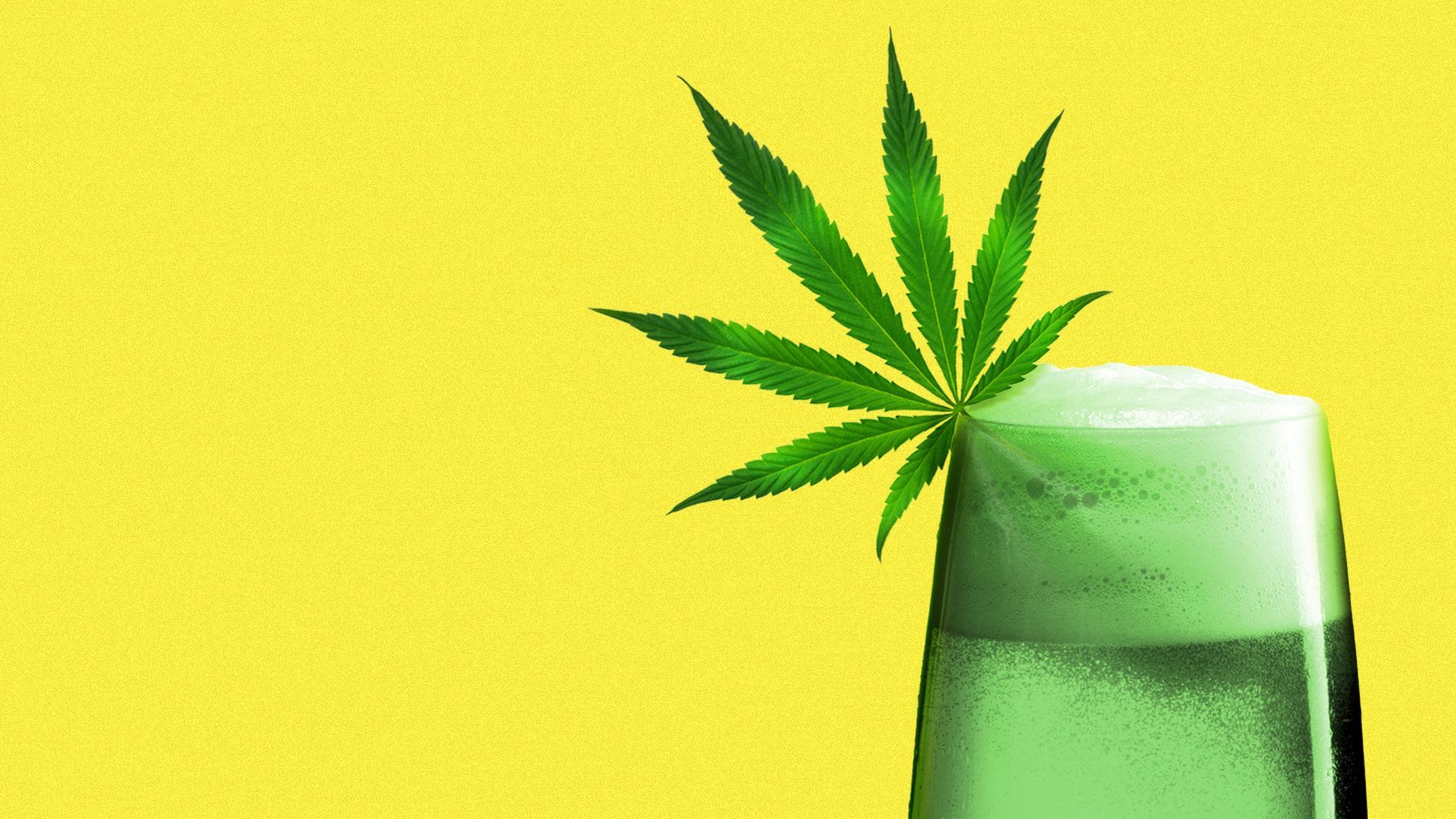 Illustration of a green drink in a glass with a marijuana leaf on the rim