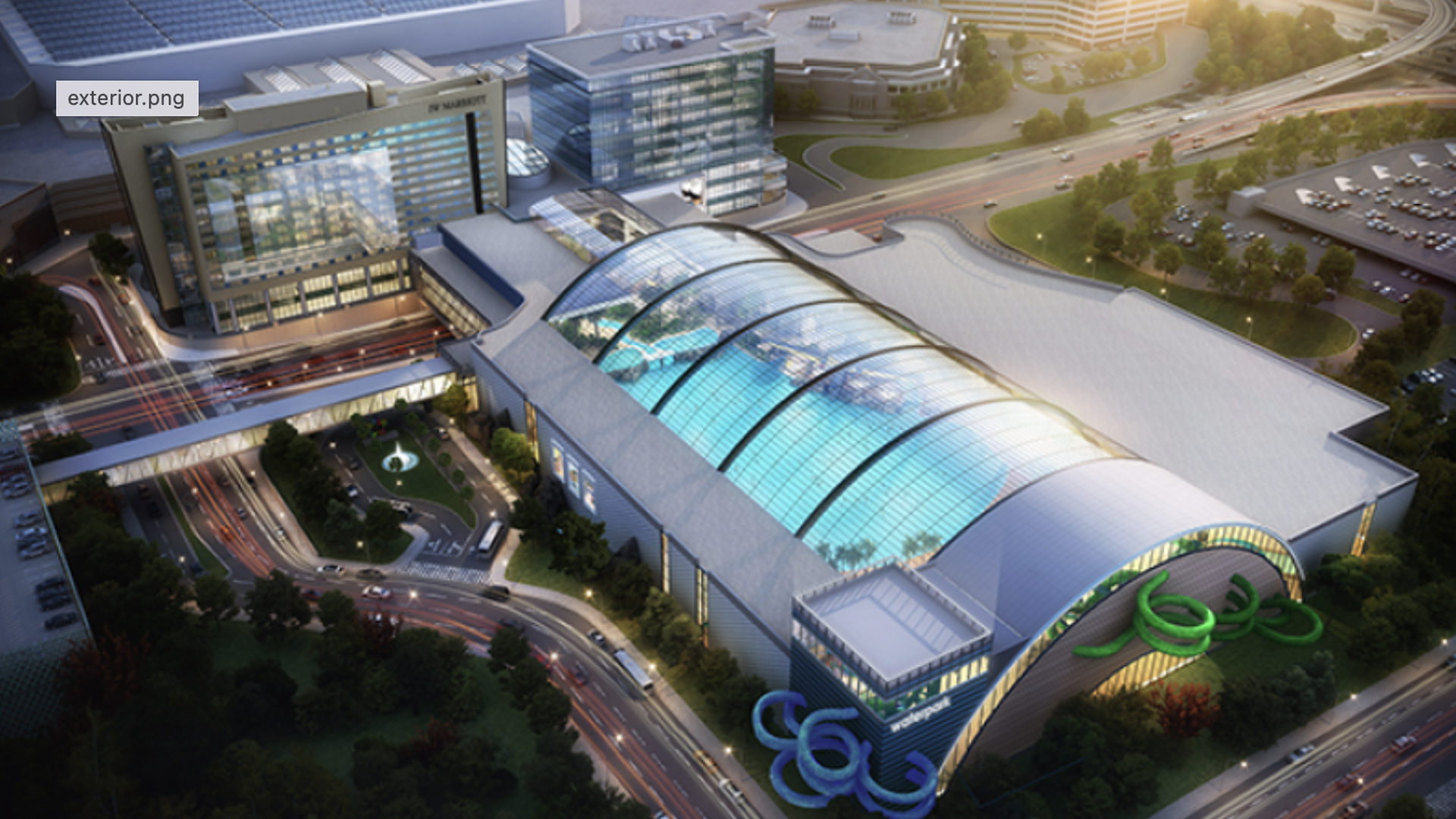 A rendering of the water park next to MOA with a clear roof