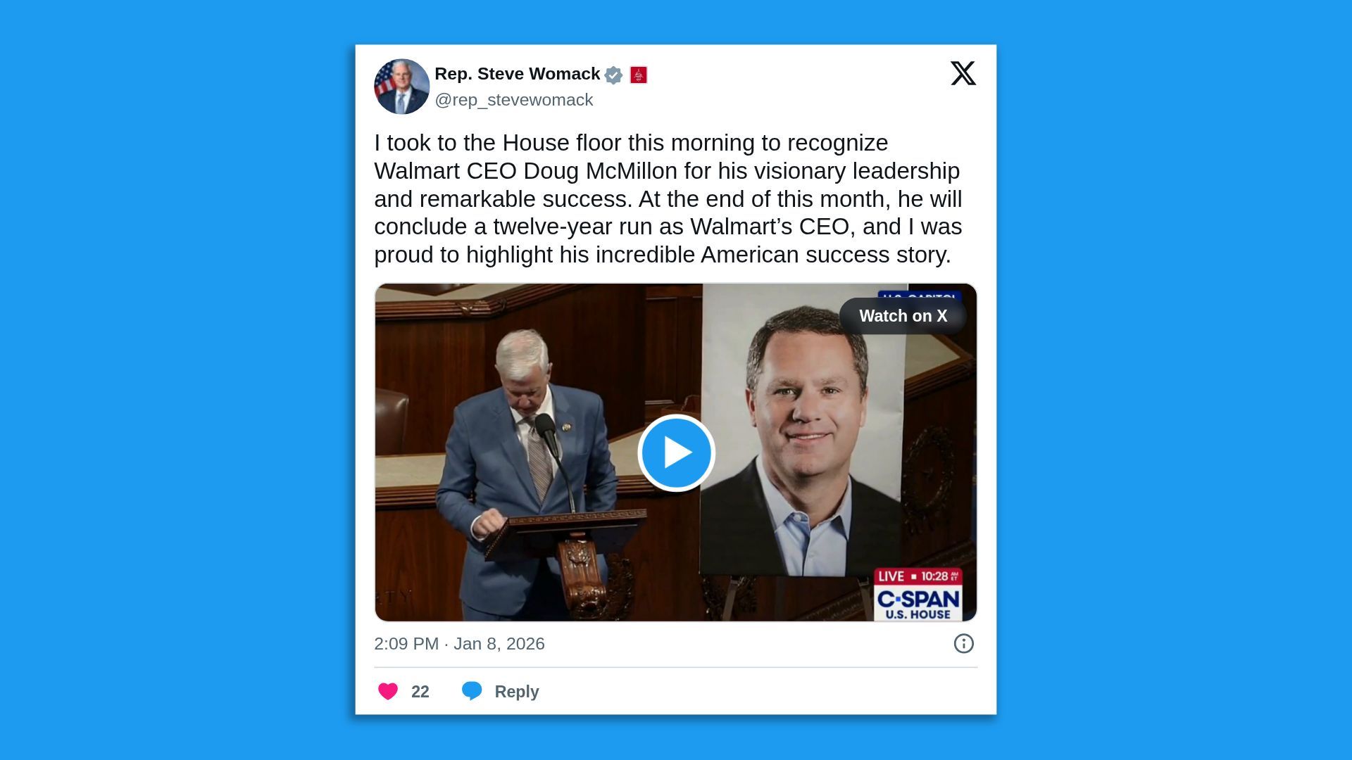 A tweet from Rep. Steve Womack praises Walmart CEO Doug McMillon's leadership, noting his 12-year tenure is ending this month. Below the tweet is a video still of Womack speaking on the House floor beside a large photo of McMillon, with the C-SPAN logo at the bottom.