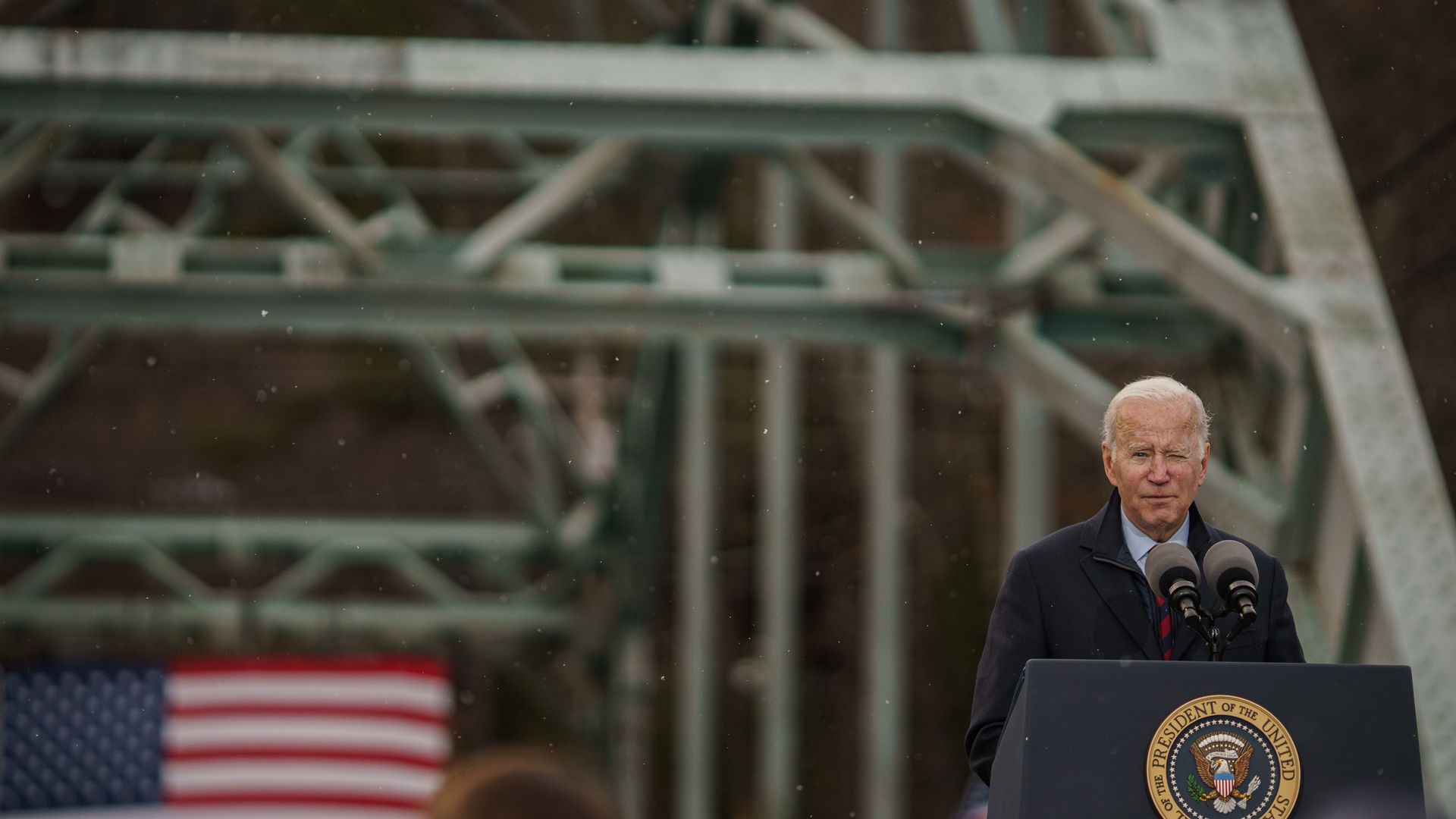 President Biden speaking in front of a bridge in Woodstock, New Hampshire, Nov. 16.