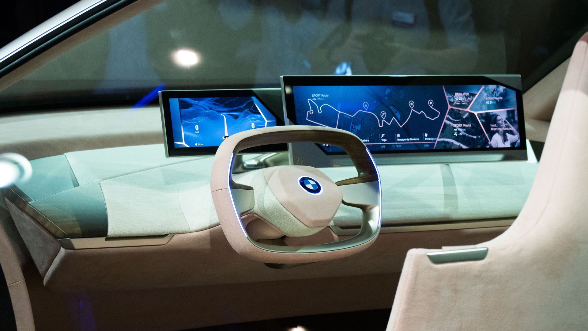 The steering wheel and display inside the BMW Vision iNEXT are unveiled at a special event ahead of the LA Auto Show, November 27, 2018 in Los Angeles.