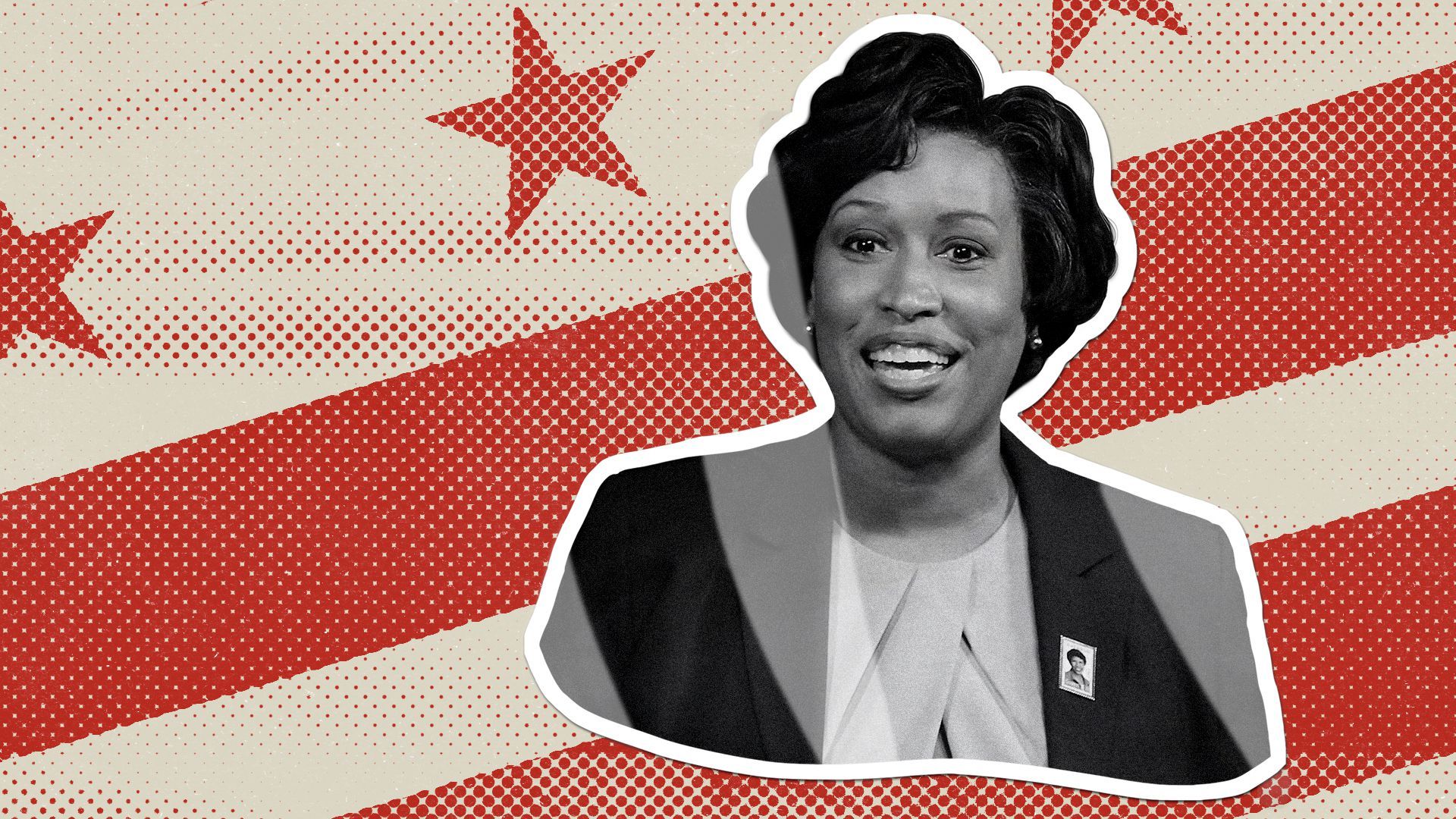 Photo illustration of Muriel Bowser as a sticker with the D.C. flag.