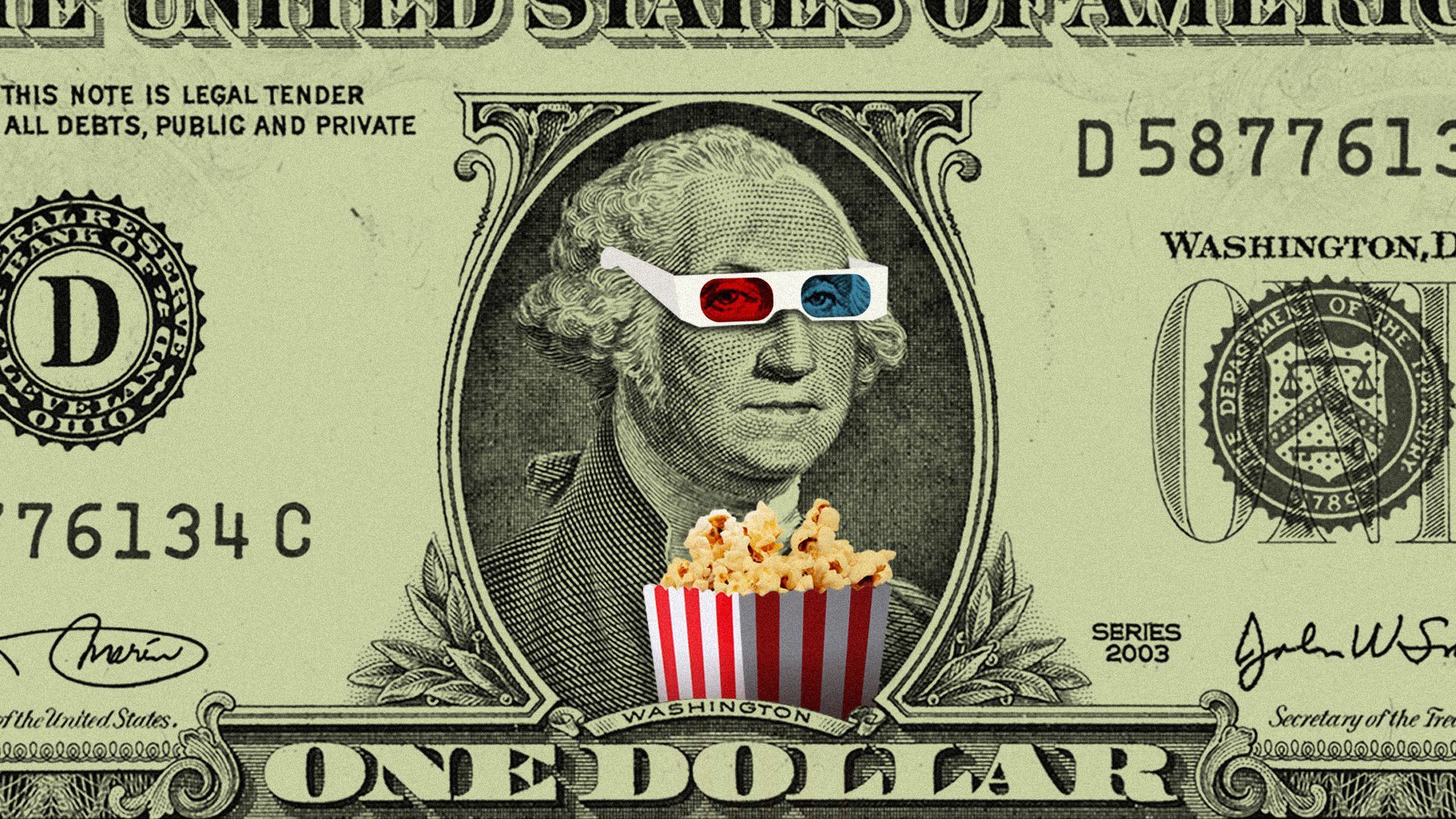 Illustration of George Washington on a one dollar bill wearing 3-D glasses and holding popcorn