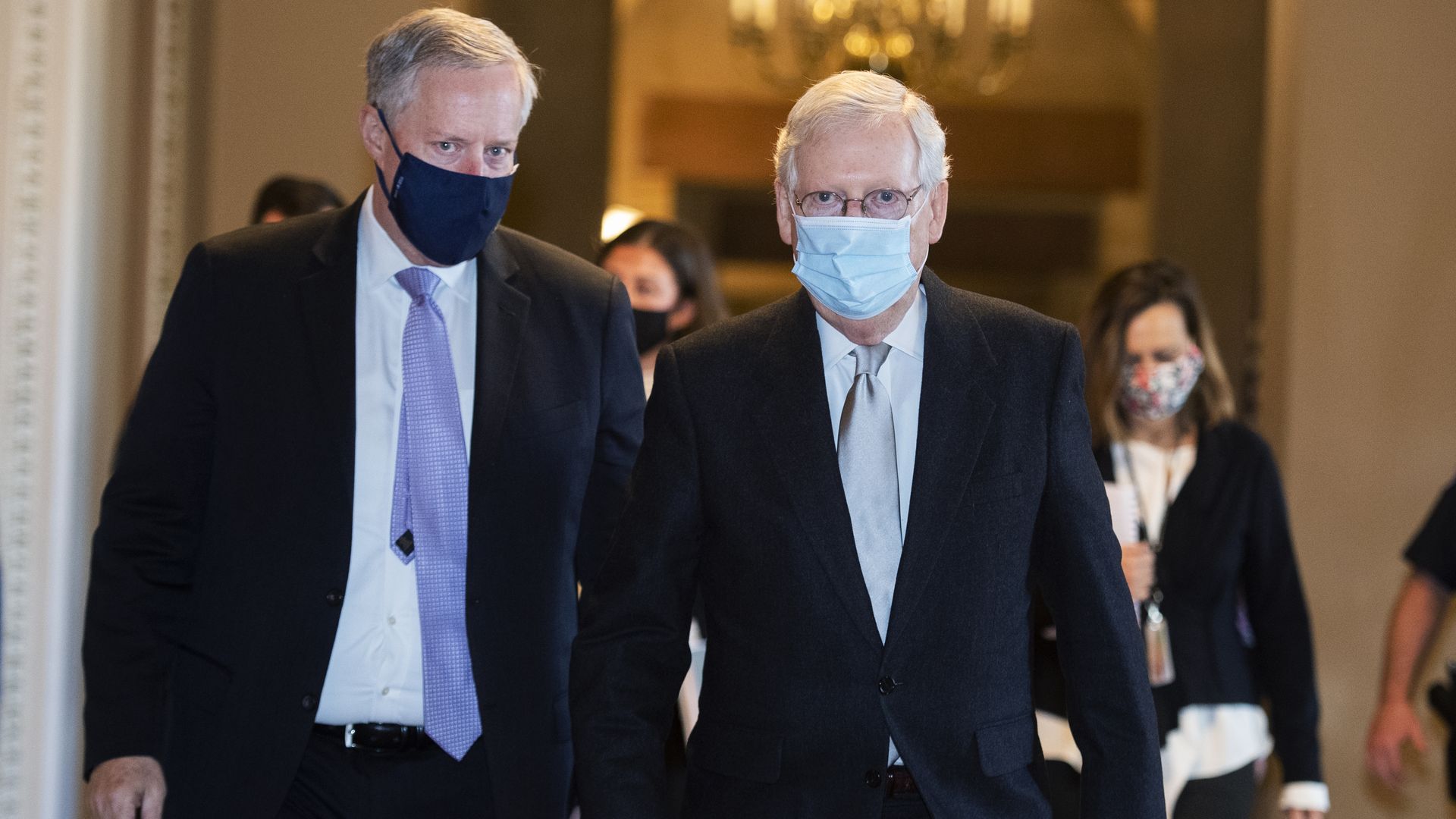 Senate Majority Leader Mitch McConnell, R-Ky., right, and Mark Meadows, White House chief of staff, are seen in the Capitol