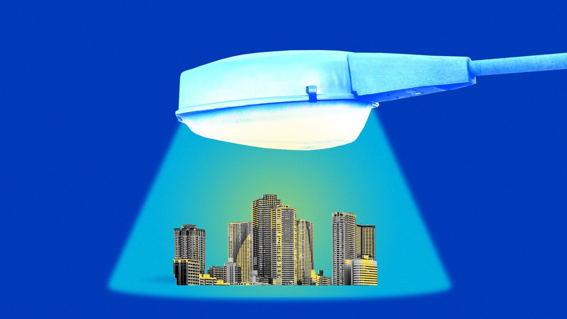 Illustration of large street light projecting light over a skyline