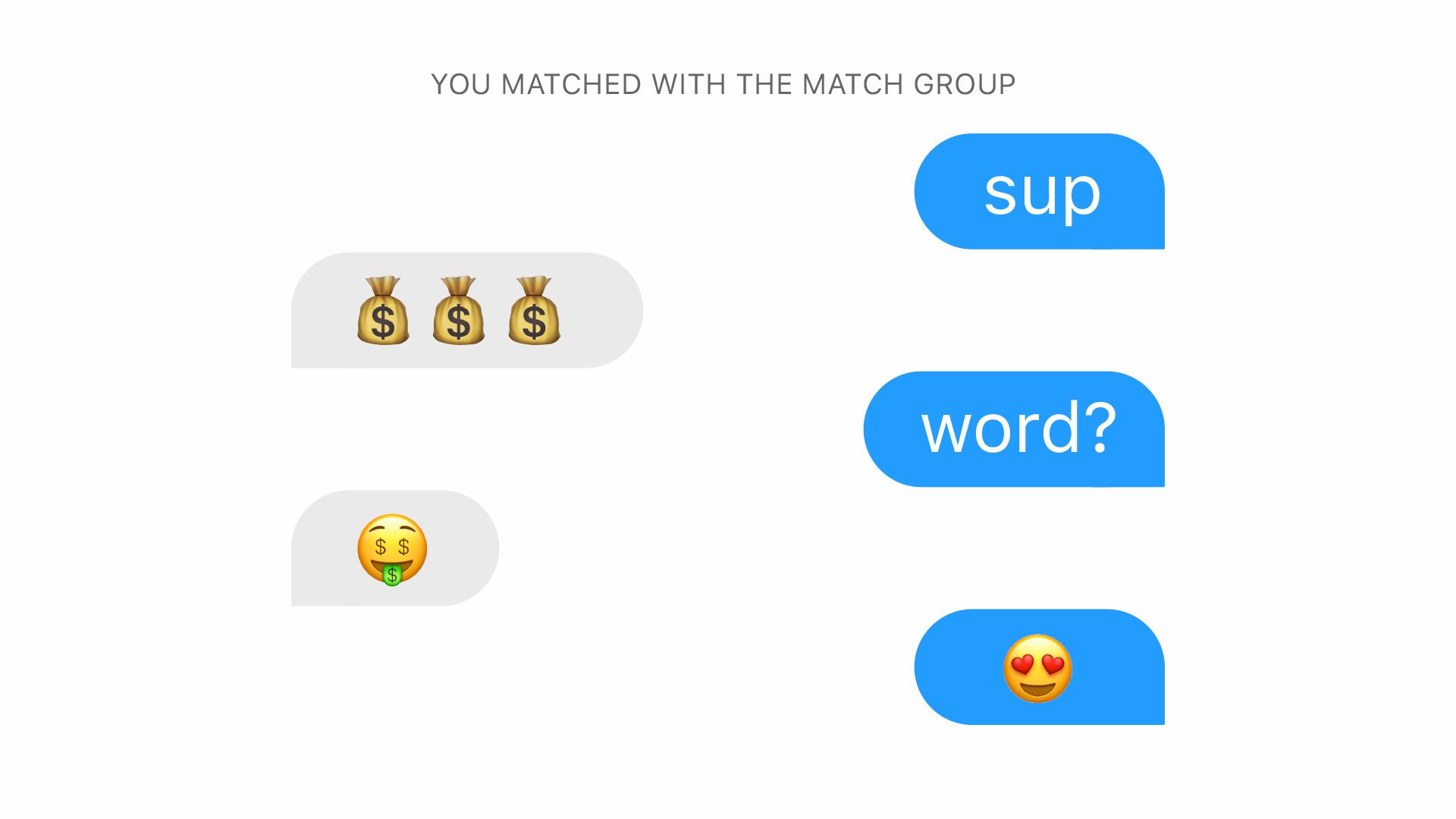 A stylized chat in the Tinder service with 'Match Group' sending money bag emojis and the other person sending heart eyed emojis.