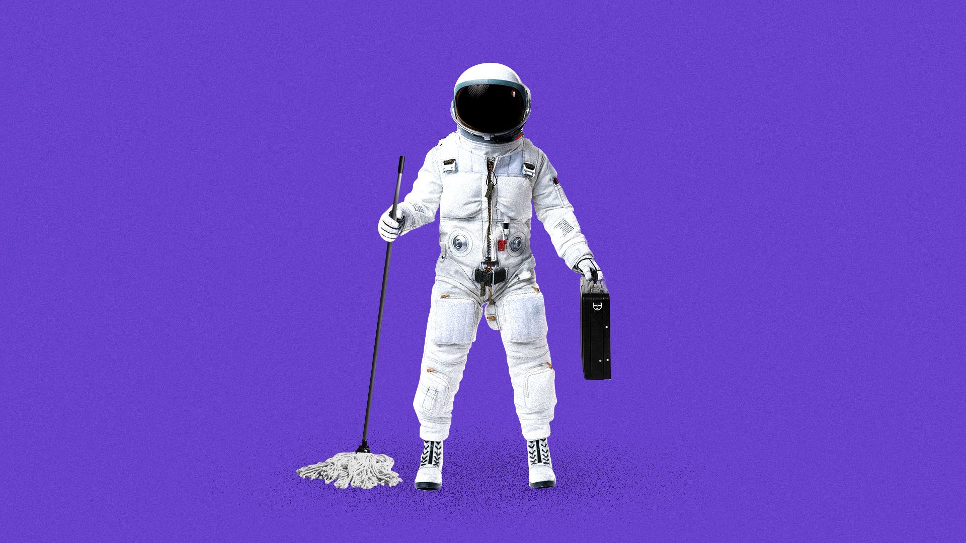 Illustration of an astronaut holding a mop and a briefcase.