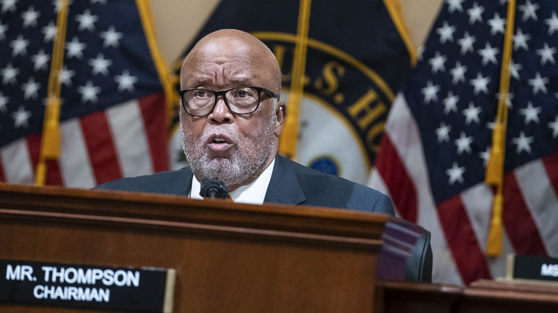 Rep. Bennie Thompson, chairman of the Jan. 6 Select Committee, is seen speaking.