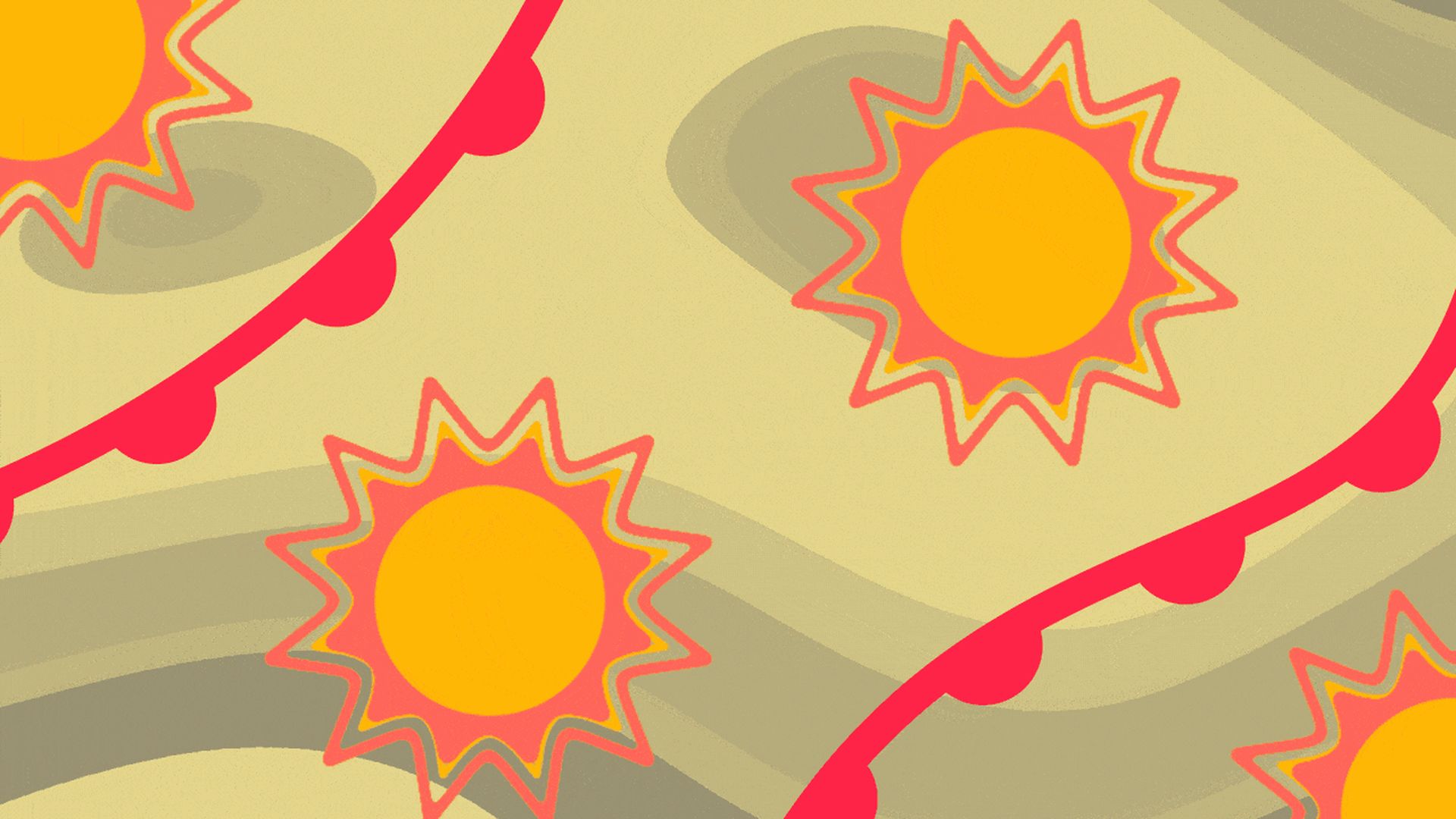 Illustration of a weather map with suns, warm front symbols and changing background colors.