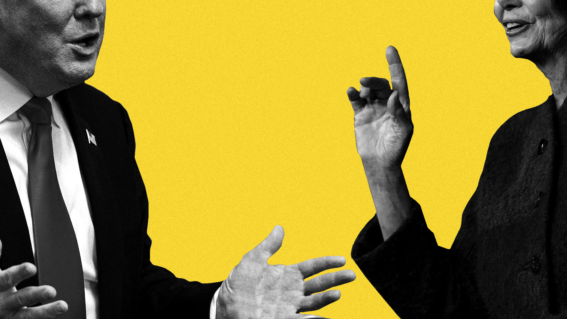 Illustration of President Trump with his hands out and of House Minority Leader Nancy Pelosi with a single finger raised.