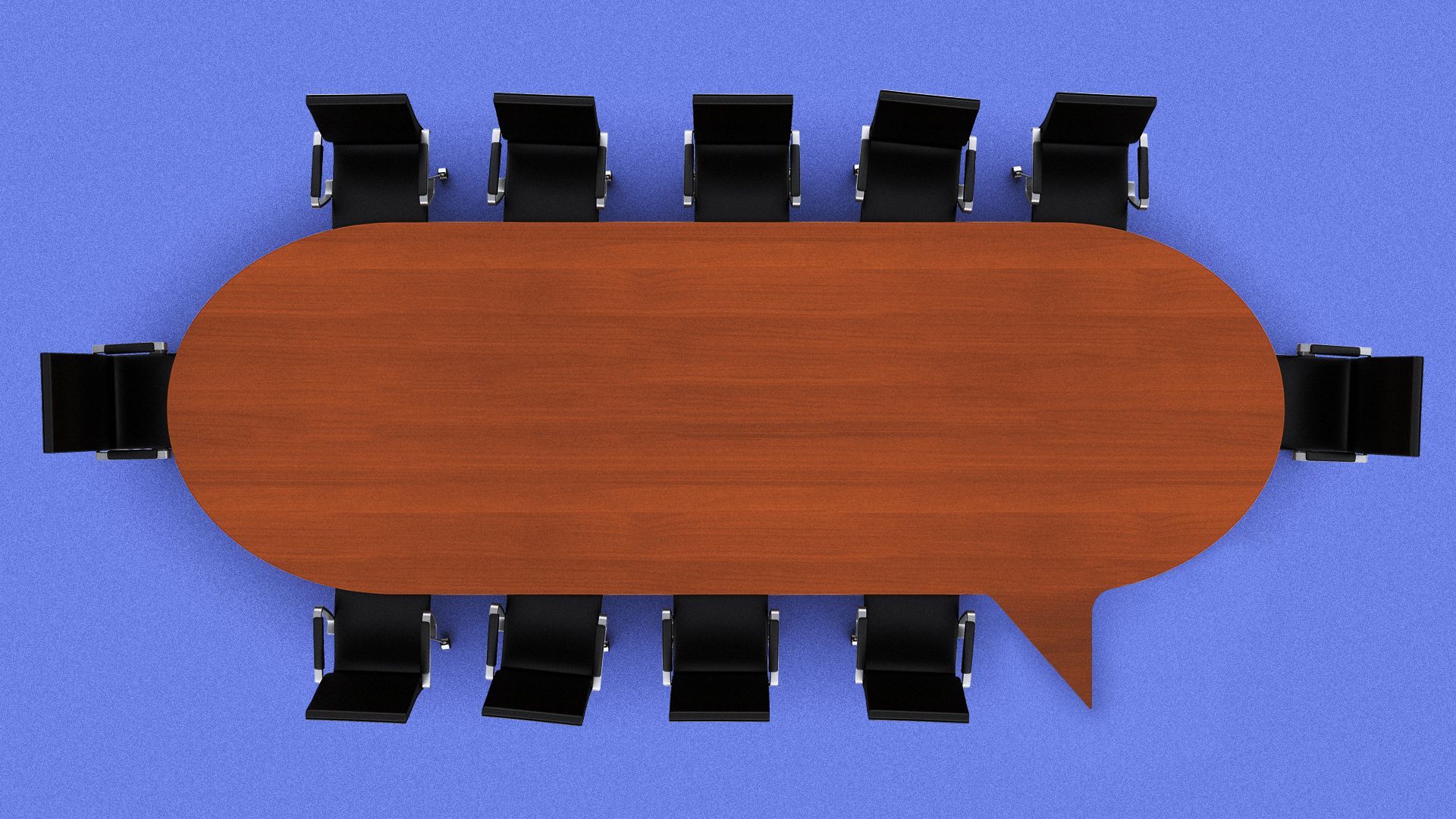 Illustration of a boardroom table shaped like a speech bubble surrounded by chairs.