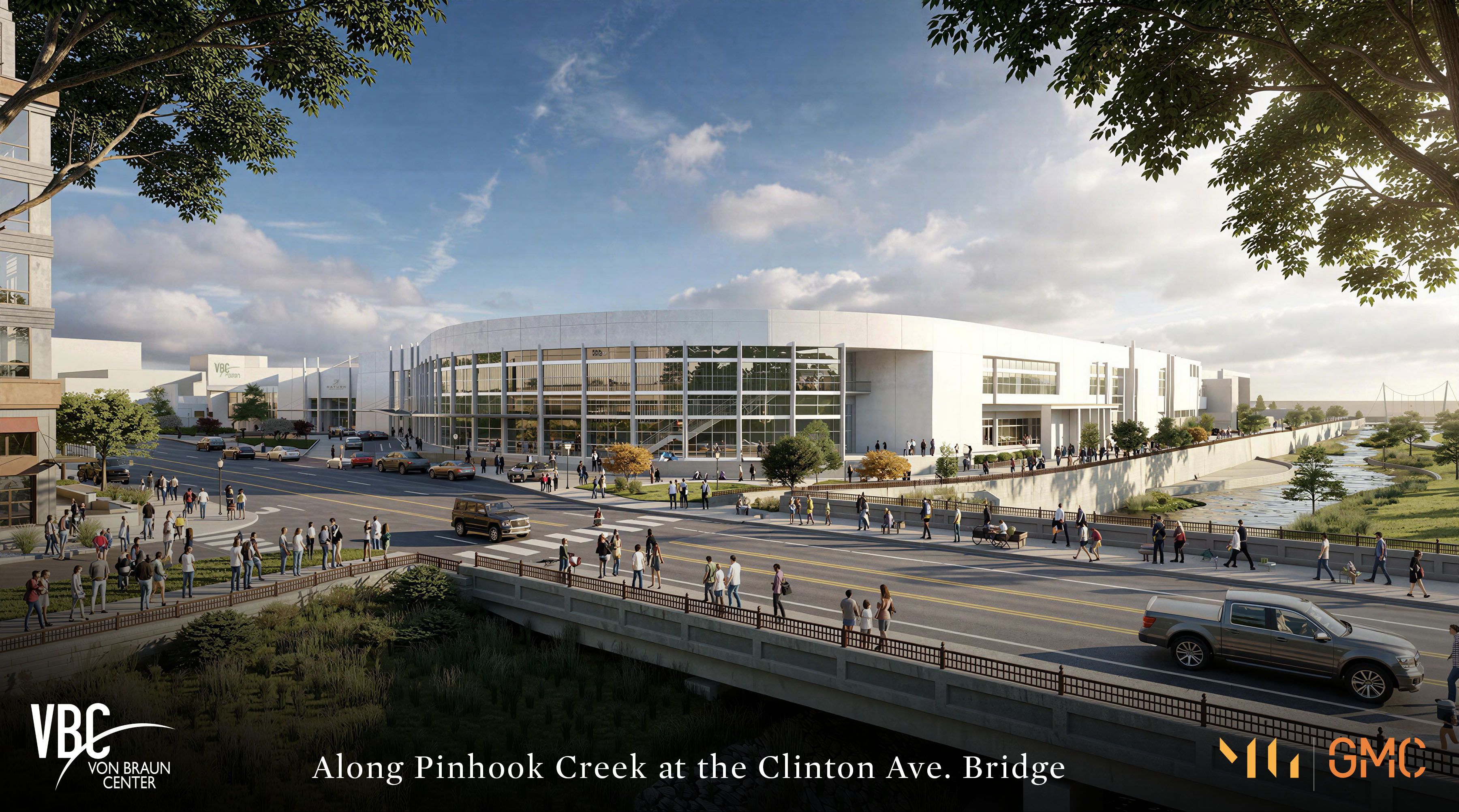 Panoramic rendering of a modern civic center along Pinhook Creek at the Clinton Ave Bridge: white curved glass building, trees, a busy street, pedestrians, and a riverside walkway.