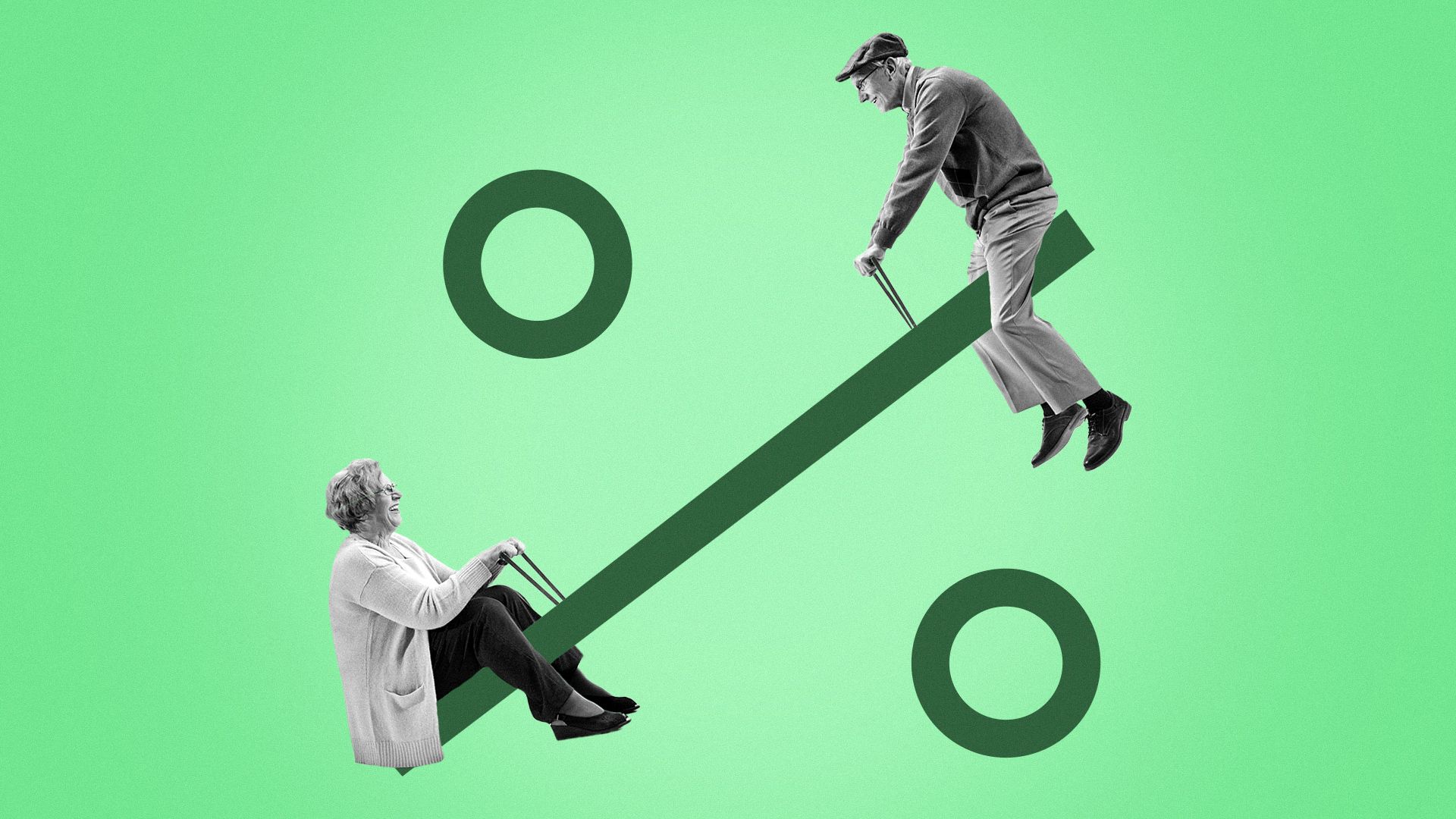 Illustration of two retirees balancing on opposite ends of a percent sign like a see-saw.