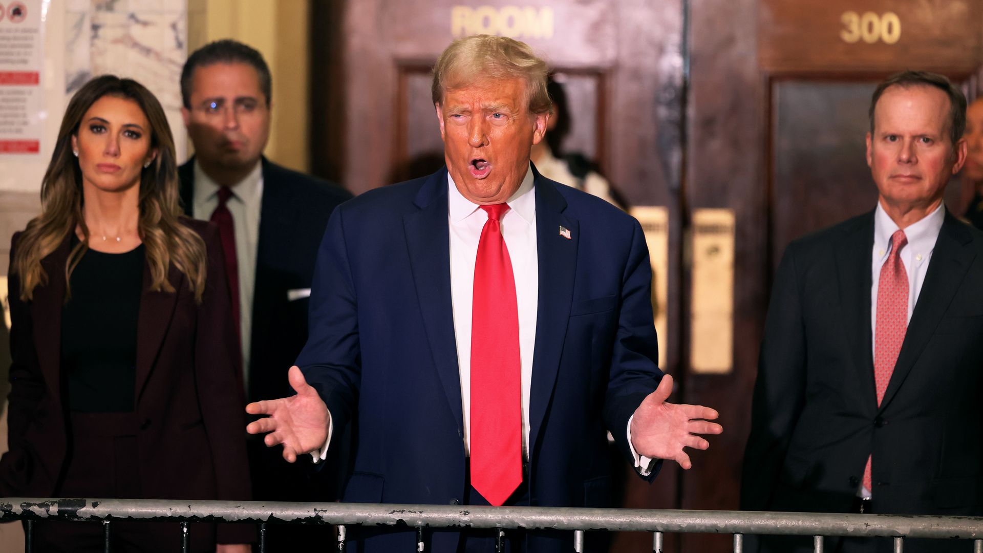 Former President Donald Trump speaks to the press as he arrives for his civil fraud trial at New York State Supreme Court on October 17, 2023 in New York City