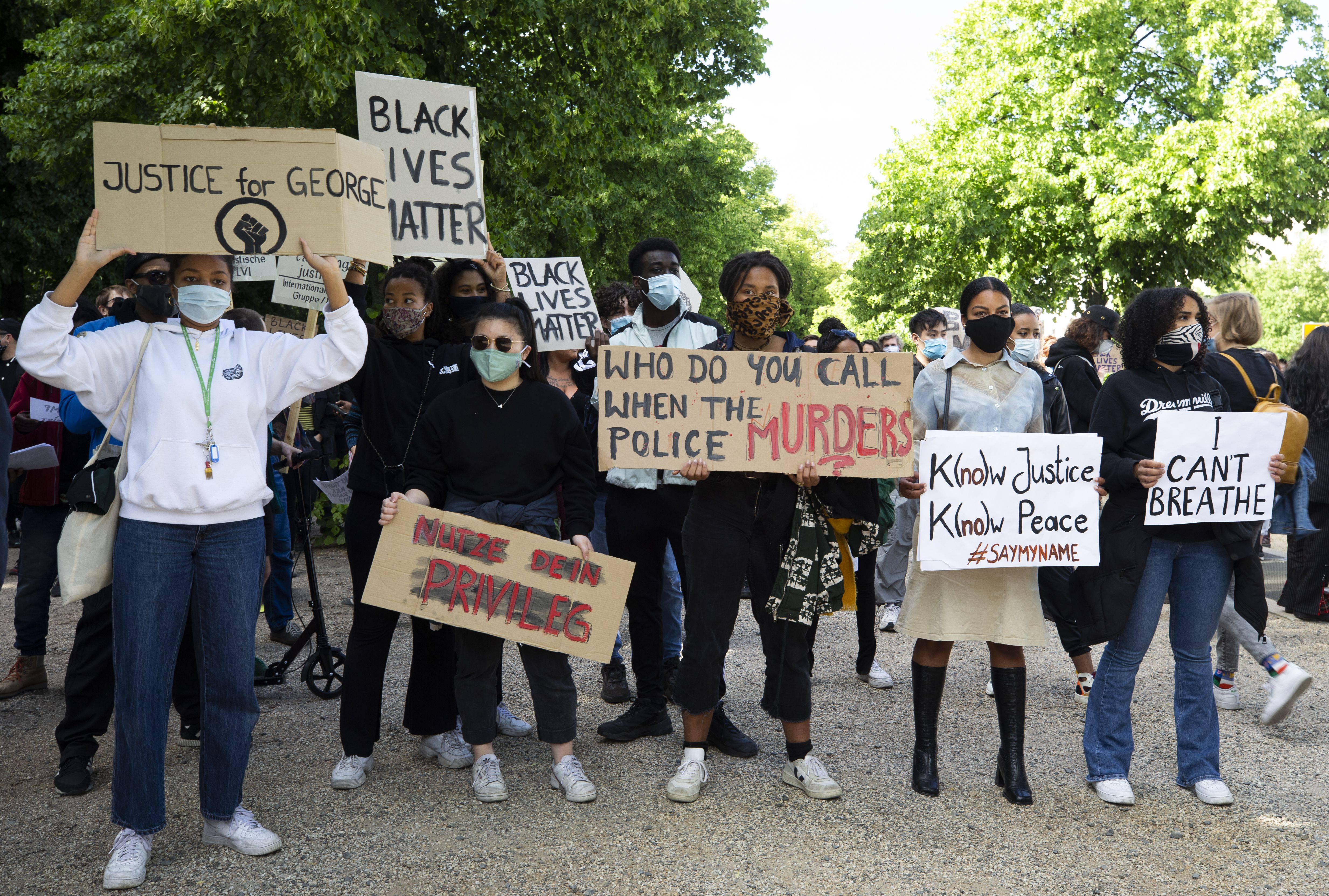 Thousands of protesters gather in front of the U.S. Embassy in Berlin during a demonstration against police violence and racism on Saturday. 