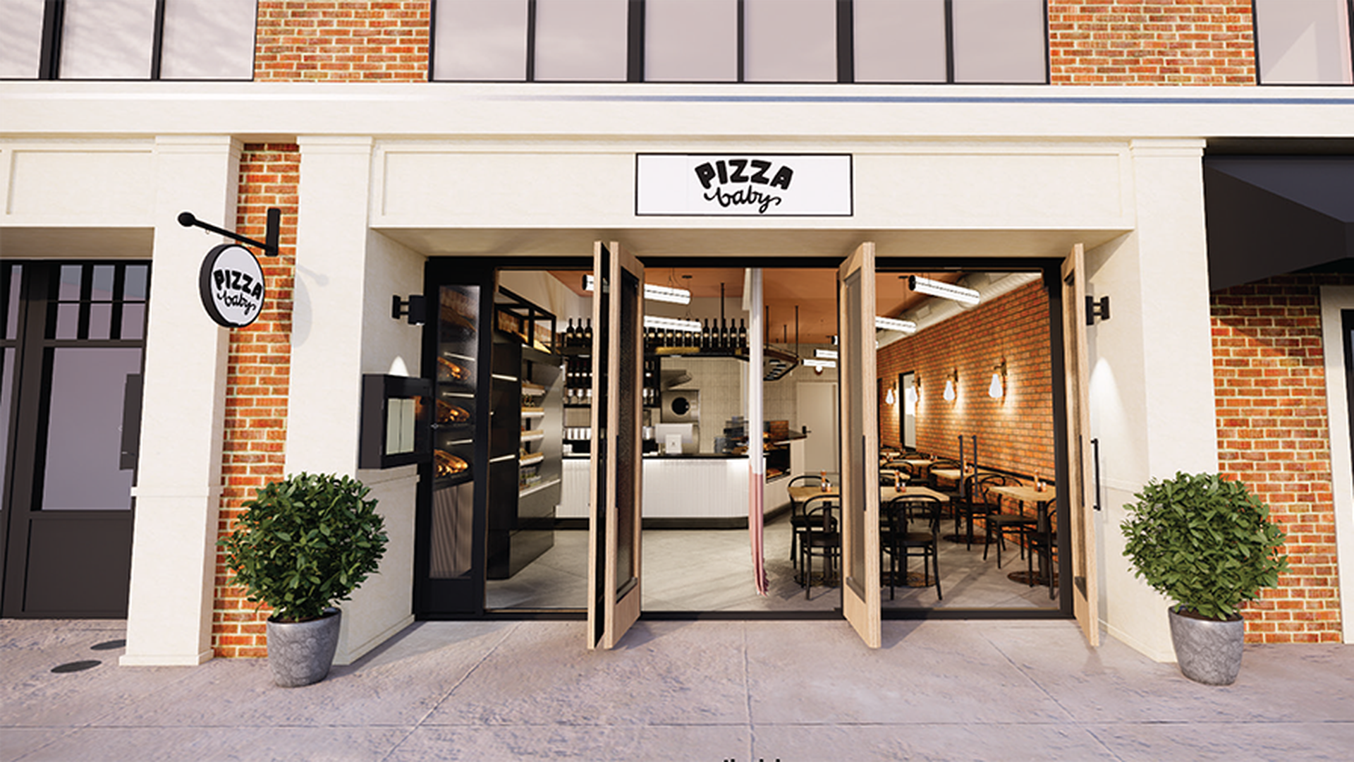 Pizza Baby exterior with doors open on Elizabeth Avenue.
