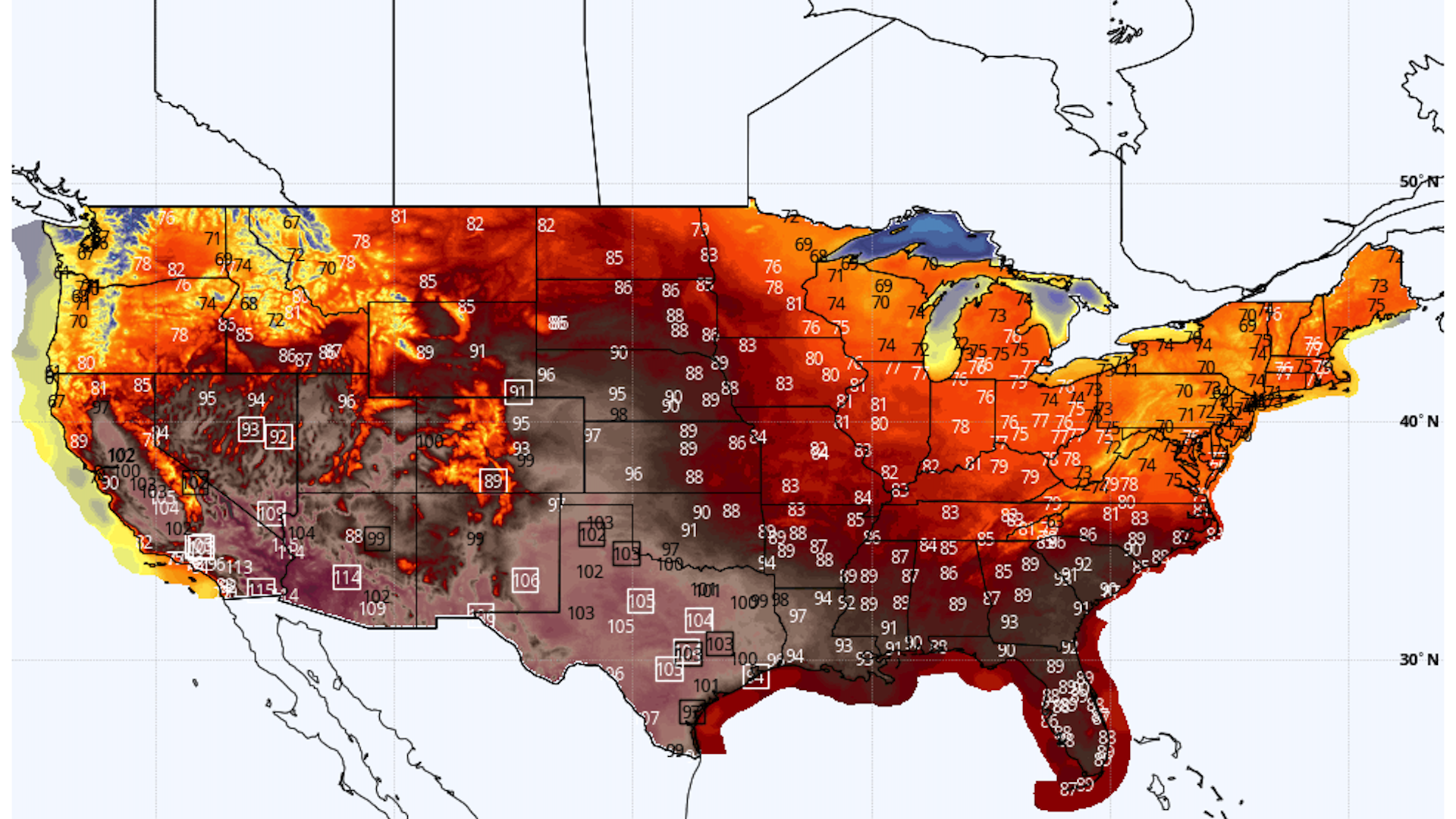 Forecast high temperatures on Saturday, June 11, 2022. Boxes show record highs.