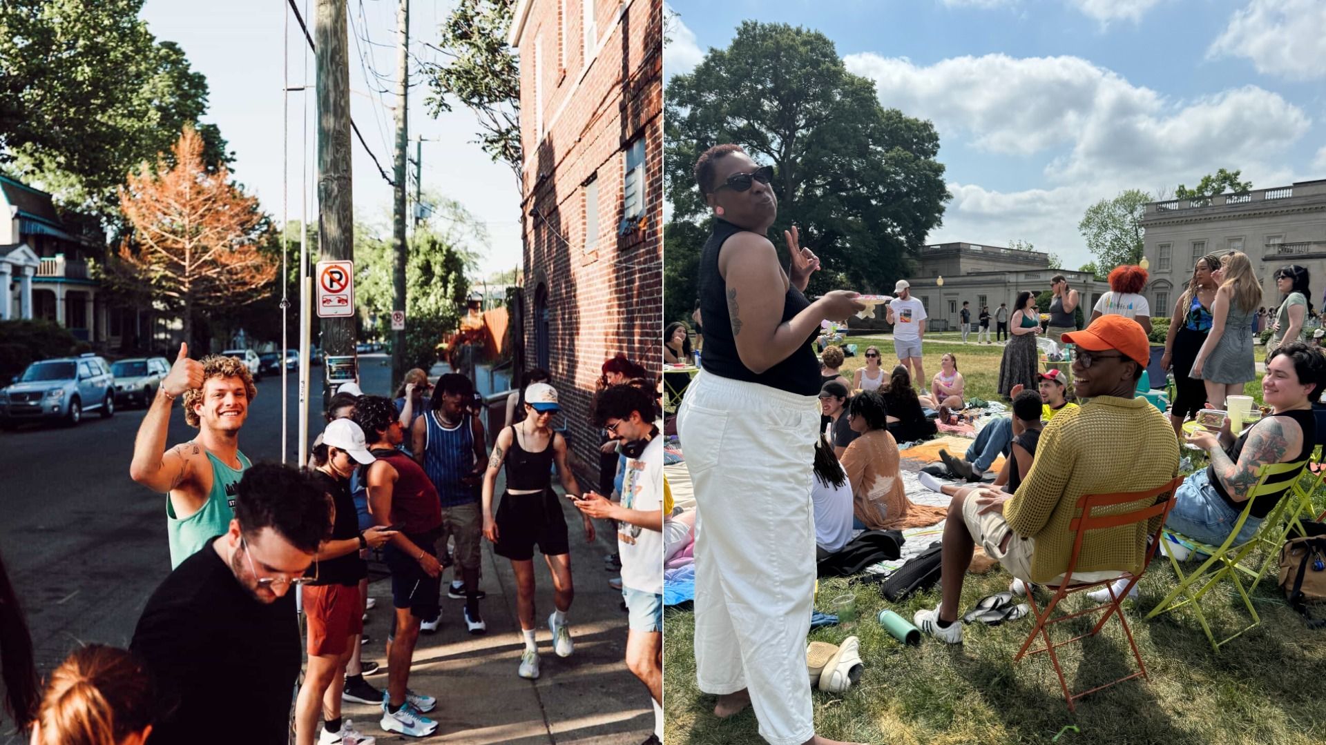 Two-panel collage: left—sunny street with a crowd by a brick wall and a teal-shirted man giving a thumbs-up; right—a park party on blankets with a speaker and an orange-cap foreground.