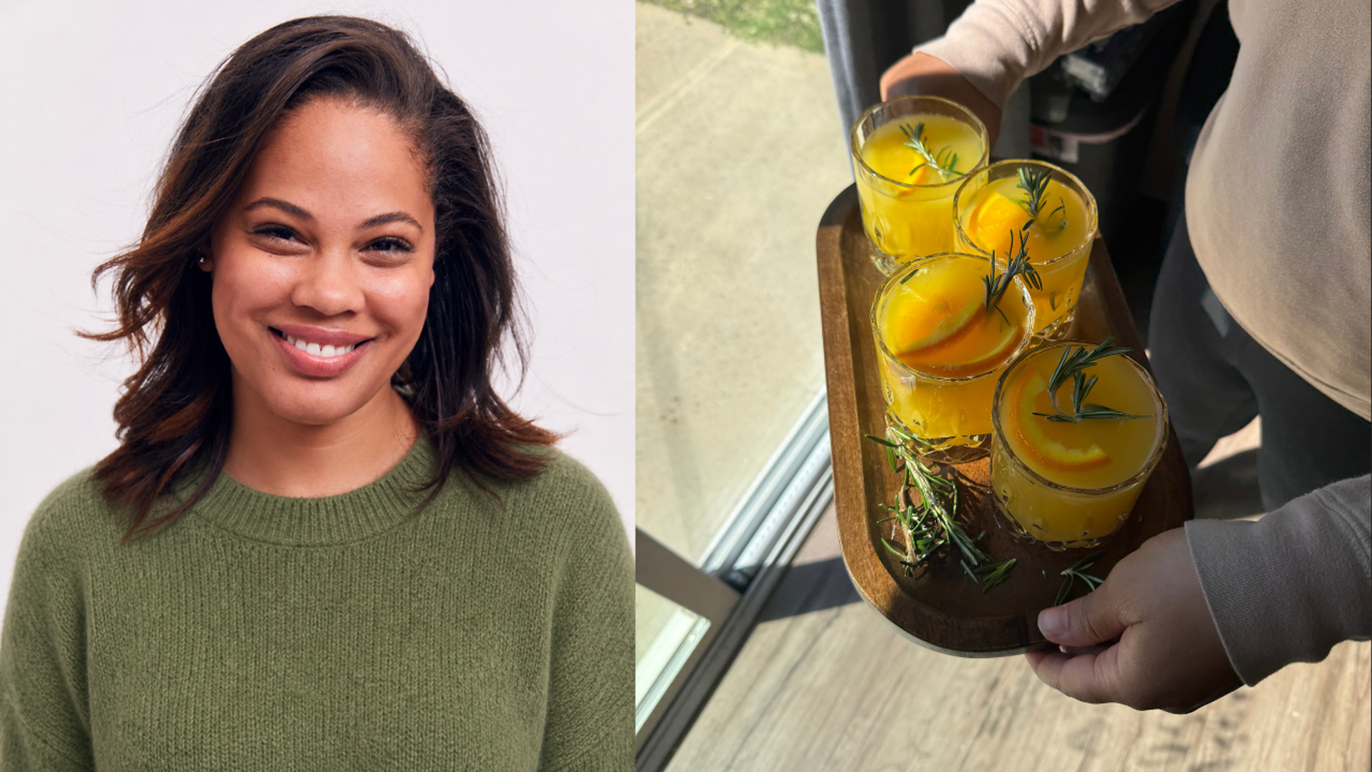 Two-panel image: left shows a smiling woman with shoulder-length dark hair wearing a green knit sweater; right shows a hand carrying a wooden tray with yellow cocktails garnished with rosemary and orange slices.