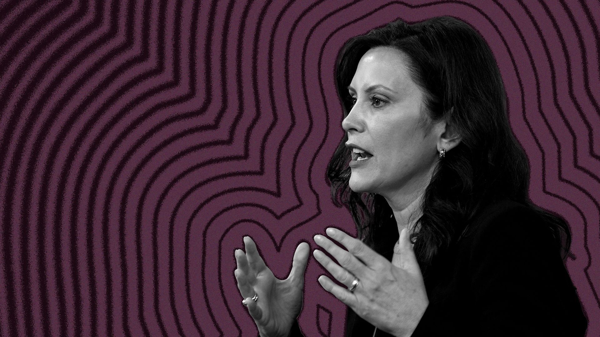 Illustration of Michigan governor, Gretchen Whitmer, with lines radiating from around her.