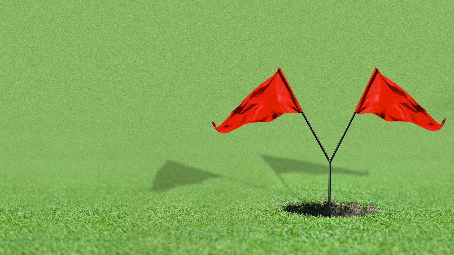 Illustration of a golf hole with a bifurcated flag.  