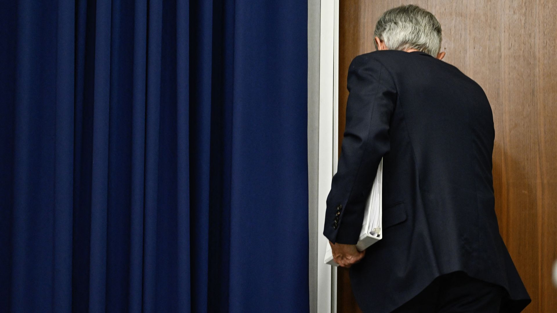 Fed chair Jerome Powell exits his final press conference