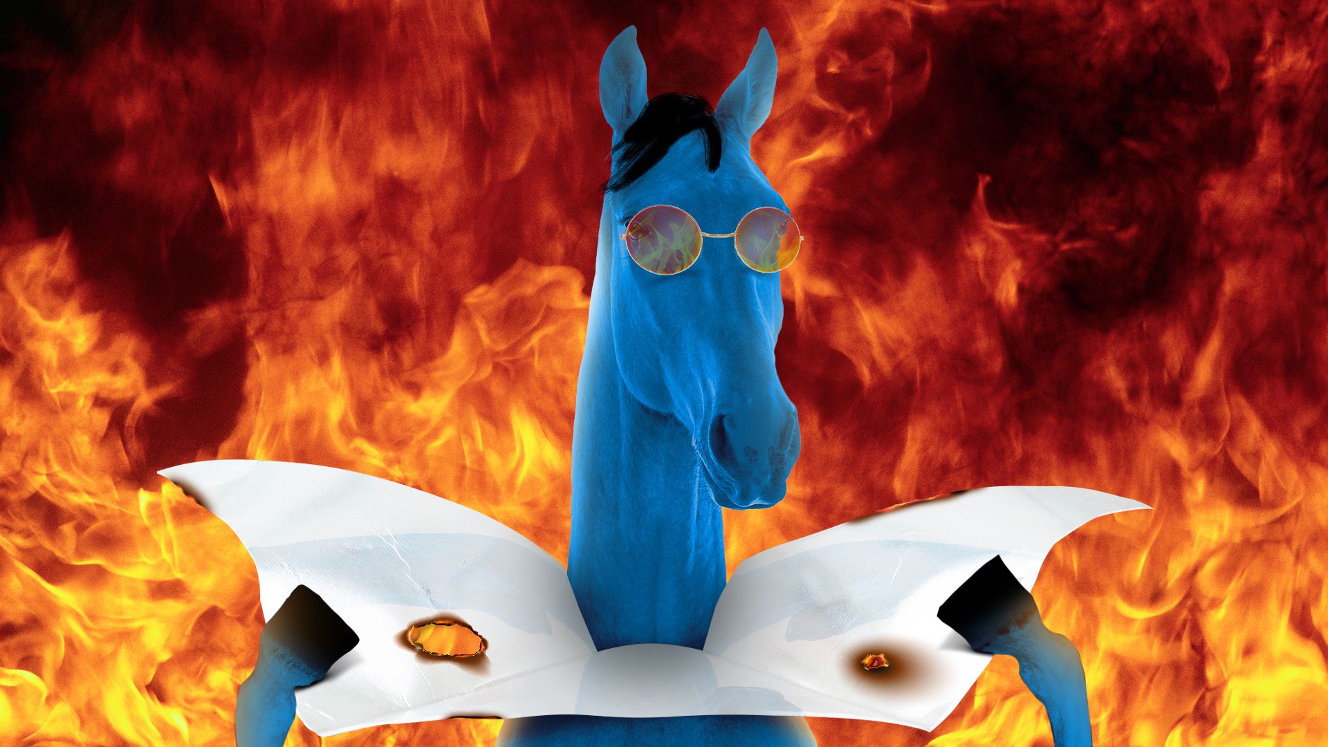 Illustration of Blucifer holding up a tanning mirror in hell.