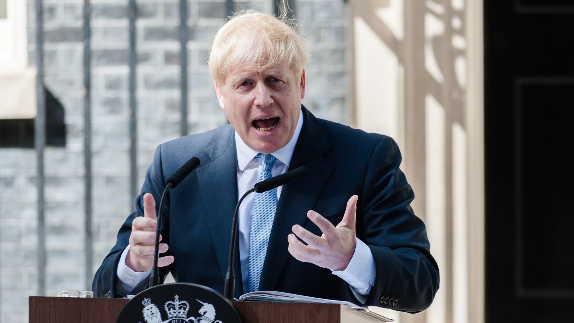 Boris Johnson delivers his first speech as the new Prime Minister of the United Kingdom outside 10 Downing Street on 24 July