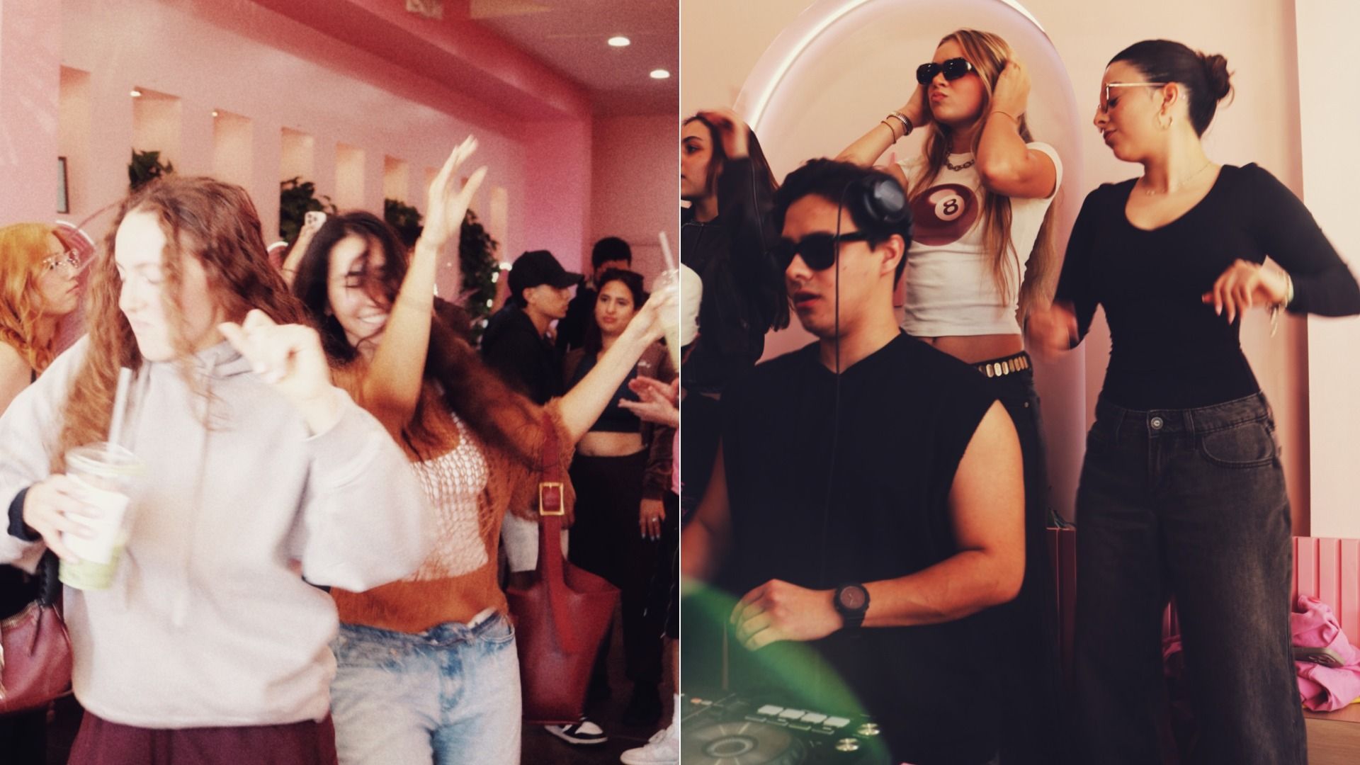 Group of young people dancing and enjoying a party indoors with pink walls. One man in sunglasses is DJing, surrounded by women dancing and having fun.