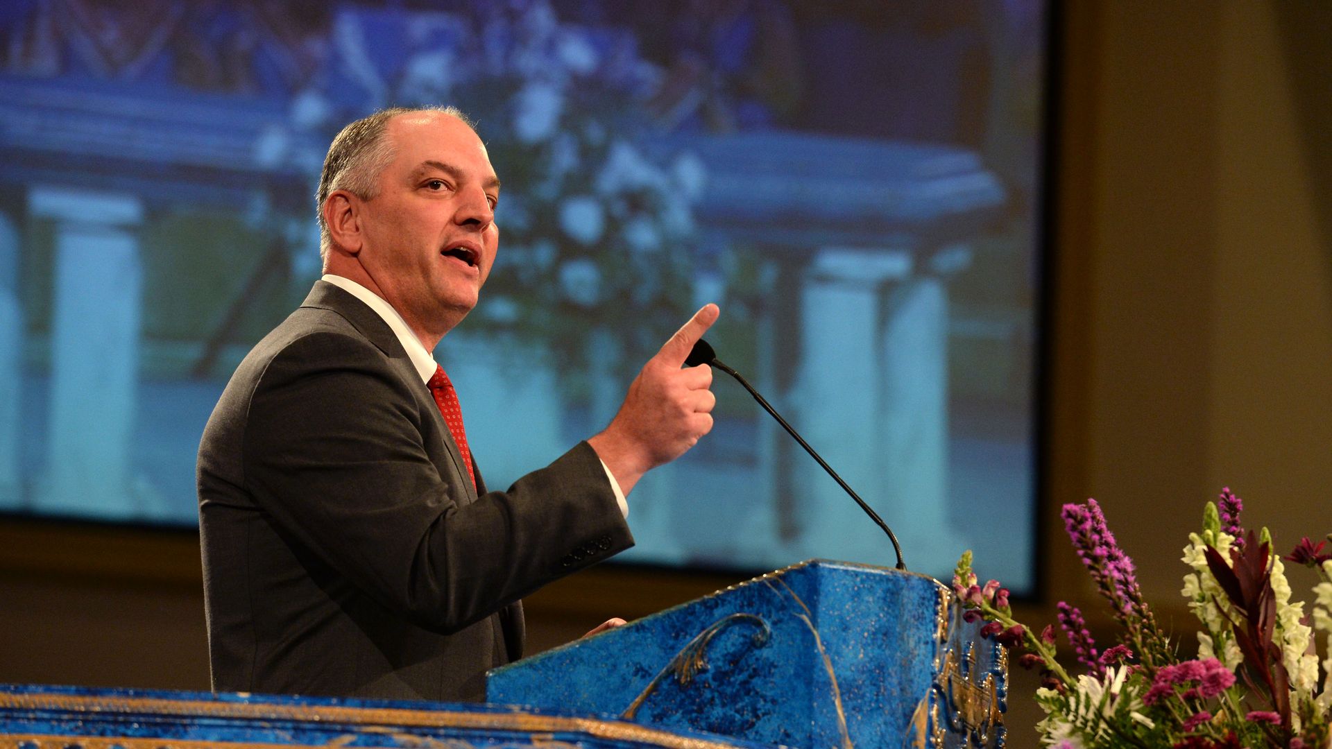 Louisiana Gov. John Bel Edwards, speaks during funeral services for Baton Rouge police corporal Montrell Jackson at the Living Faith Christian Center July 25, 2016 in Baton Rouge, Louisiana.