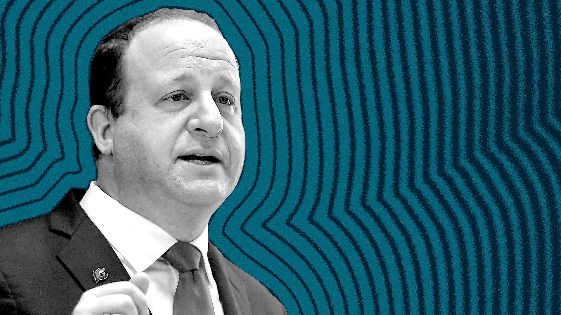 Photo illustration of Colorado Gov. Jared Polis with lines radiating from him.