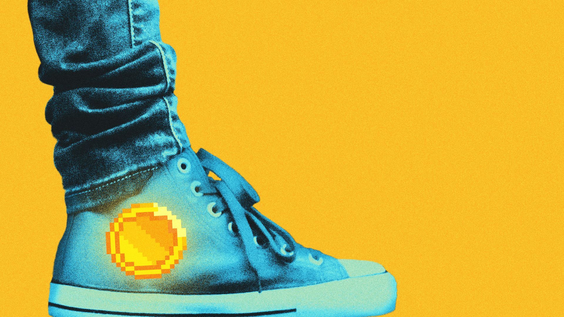 Illustration of a high top sneaker with a gold pixelated coin as the logo.