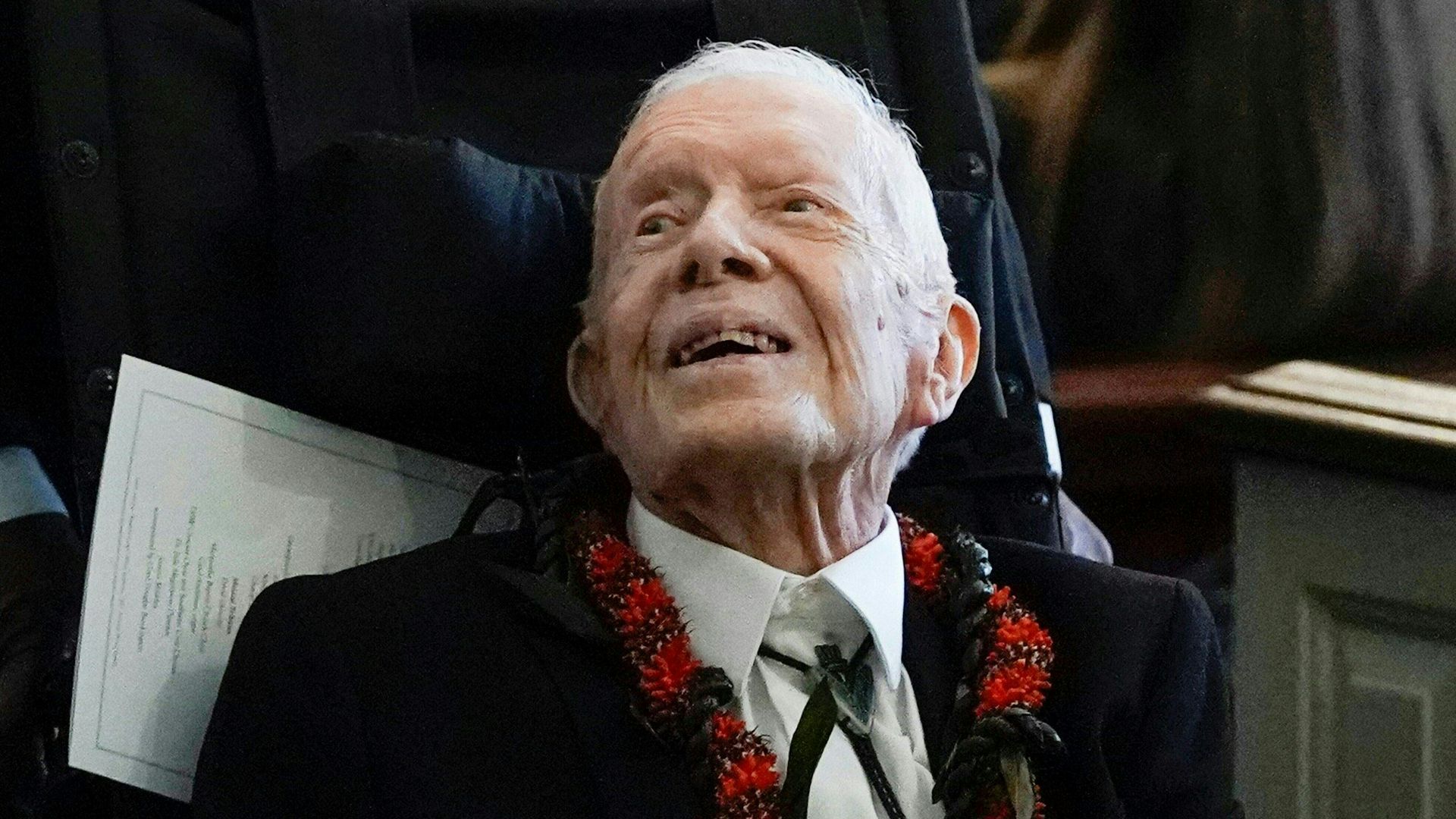 Former President Jimmy Carter departs after the funeral service for former first lady Rosalynn Carter at Maranatha Baptist Church, in Plains, Georgia, on November 29, 2023. 
