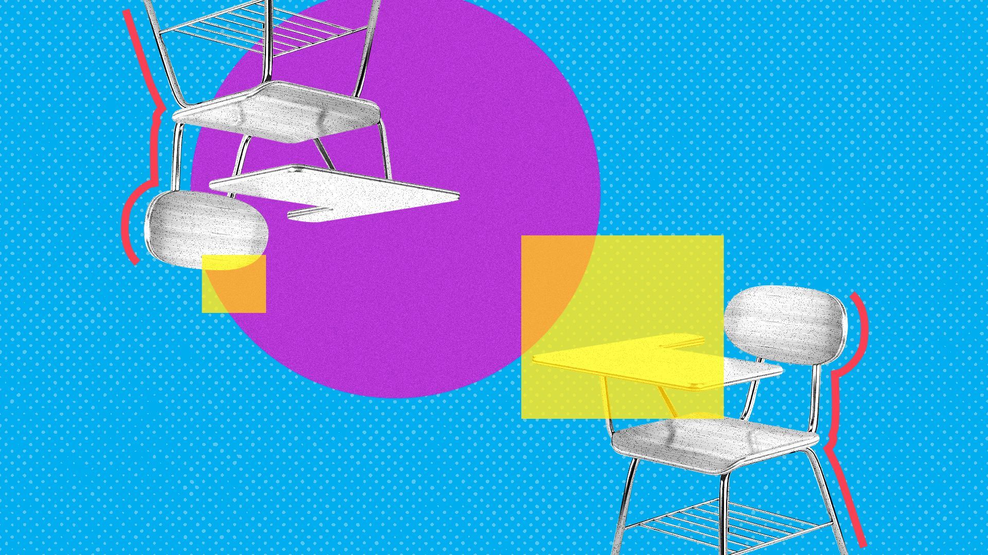 Illustration of two desks surrounded by colorful shapes. 