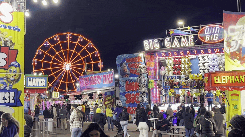 Night carnival with a glowing Ferris wheel, colorful game stalls, prize shelves, and crowds strolling past neon signs reading Water, Elephant, and Big Game.