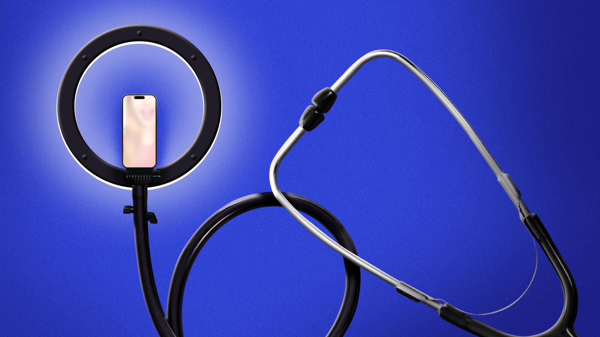 Illustration of a camera ring light with a cell phone attached at the end of a stethoscope